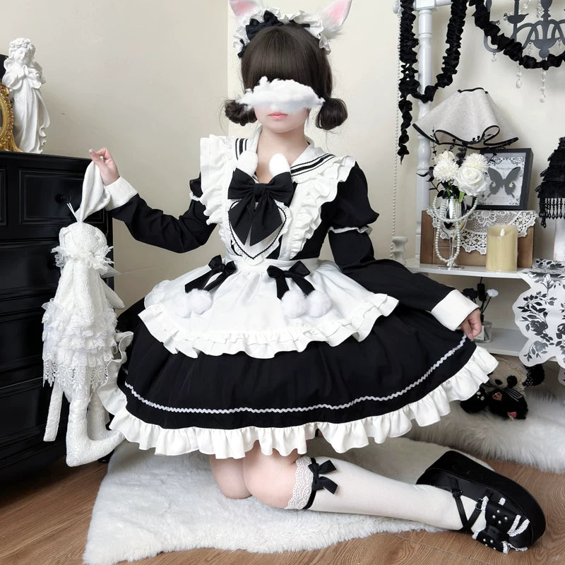 Sweet Bunny Pom-pom - Maid Lolita Bunny Ear Collar OP Dress, Detachable Apron