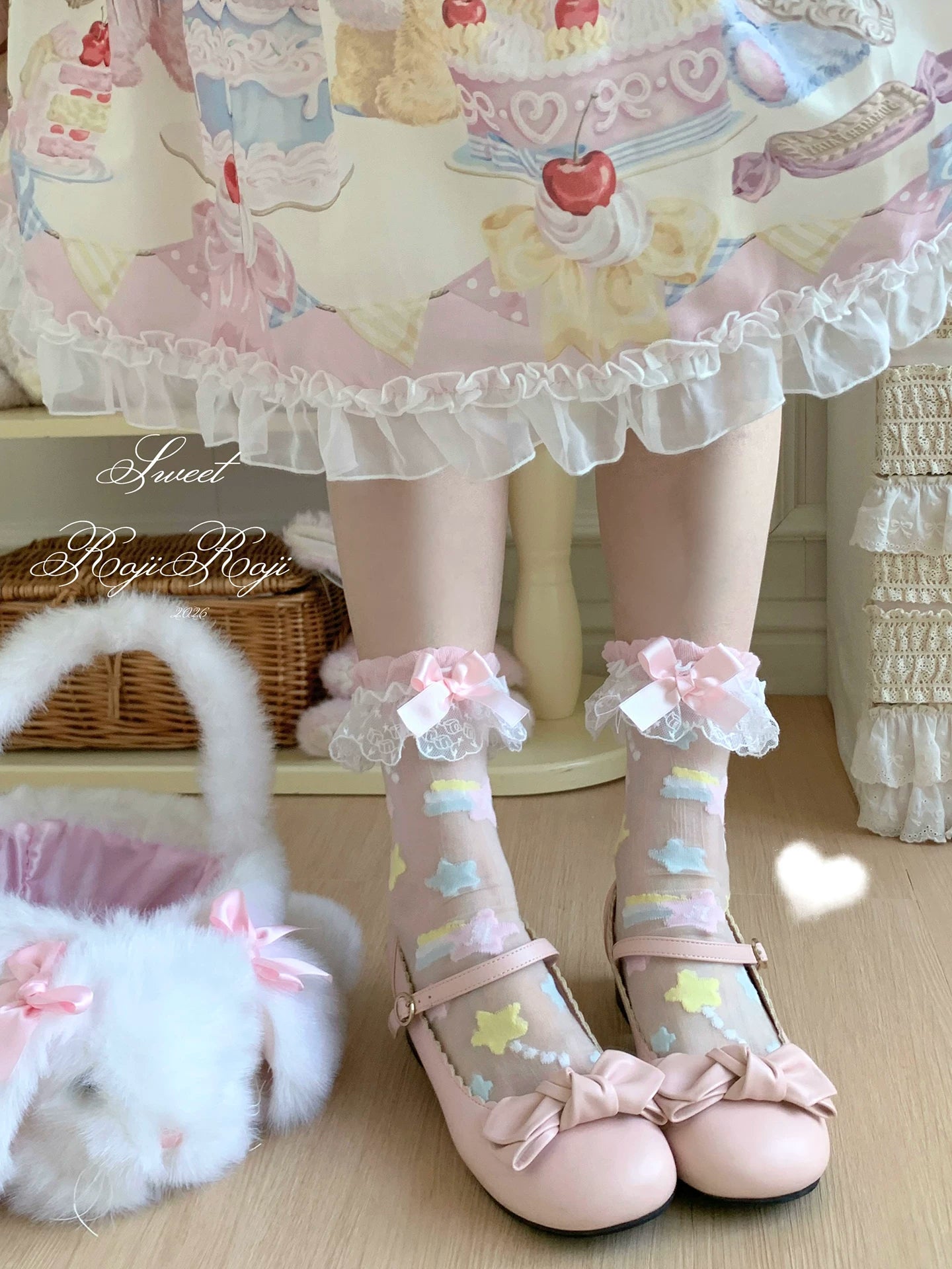 Sweet Lolita Star Embroidered Socks with Colorful Satin Bow 45610:855349