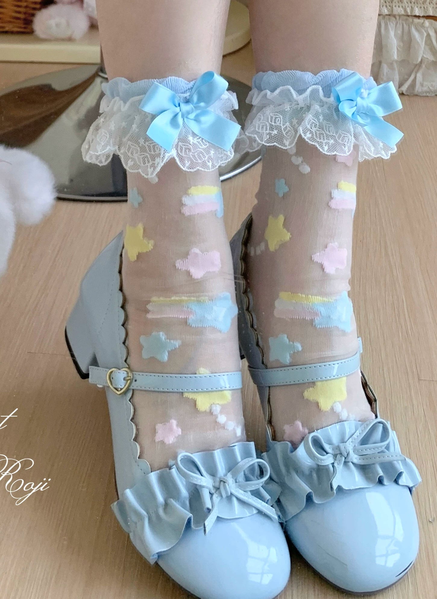 Sweet Lolita Star Embroidered Socks with Colorful Satin Bow 45610:855352
