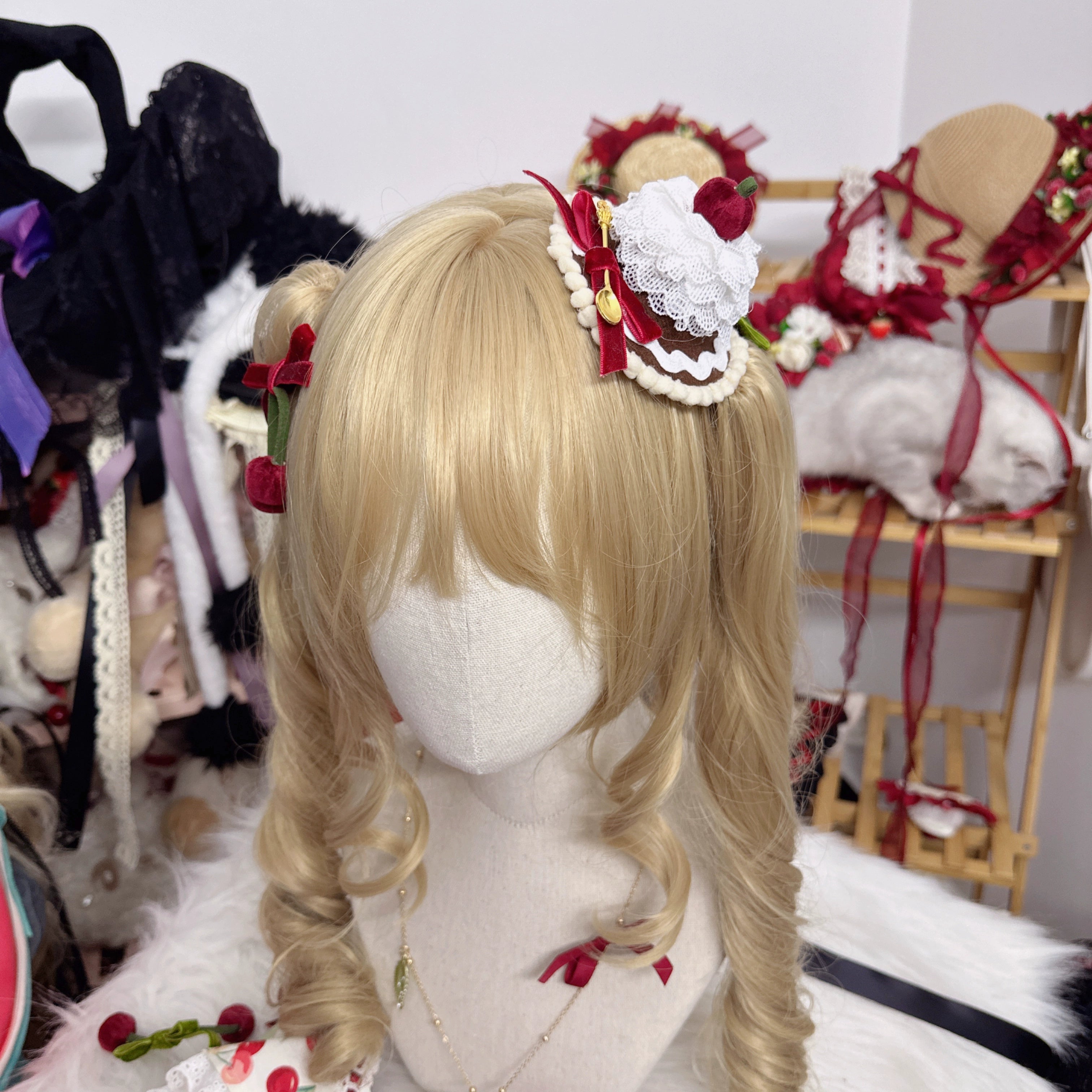 Chestnut Lolita - Sweet Lolita Headdress Cherry Hair Clip Straw Hat Necklace Handmade Set a white mini cake headdress