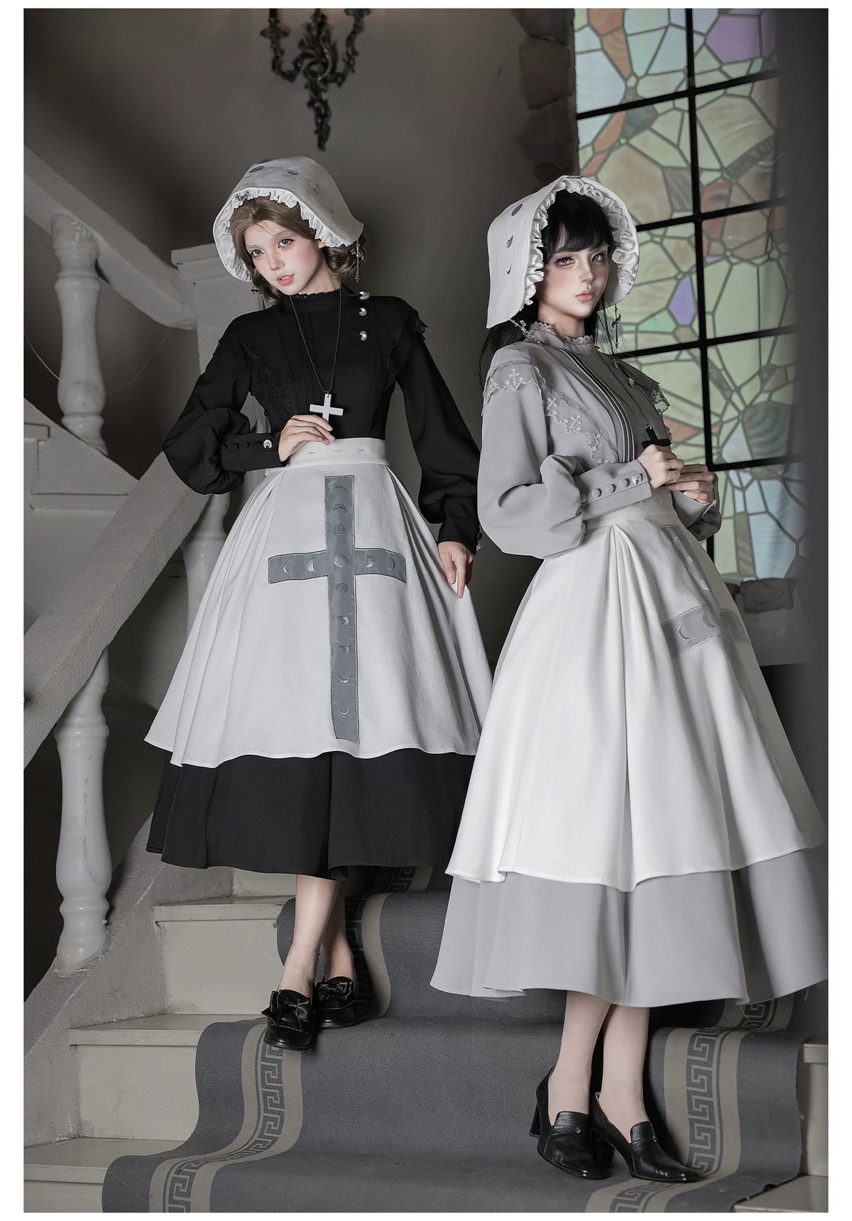 Moon Phase - Gothic Lolita OP Dress Set, Detachable Cross-Shaped Apron 46035:873403