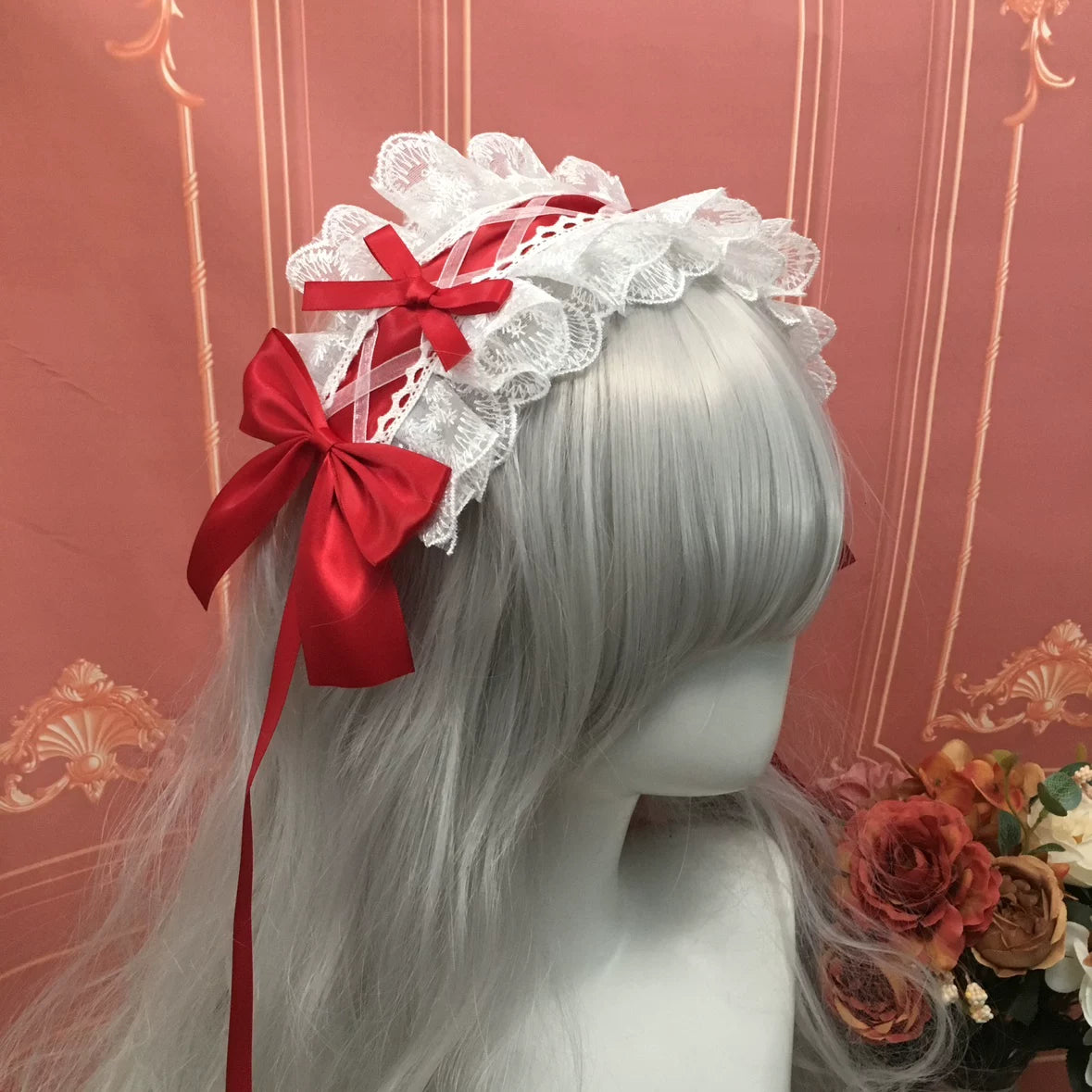 Sweet Lolita Lace Headbands, Ribbon & Bow White lace with wine red bow headband
