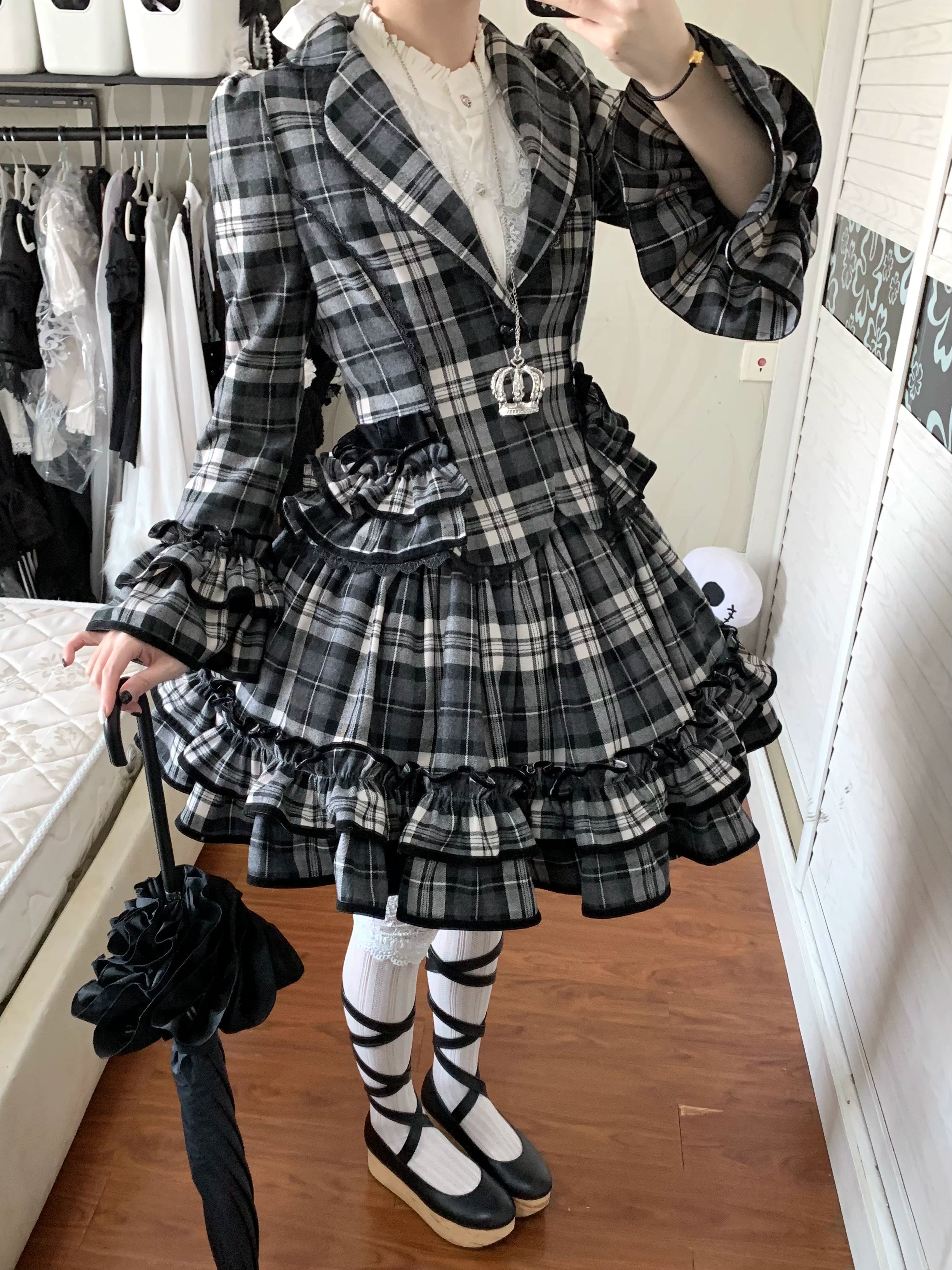 Chris's Notes - Old School Lolita Plaid Coat Set, Tiered Skirt Black-white Coat (requires purchase as a set) S