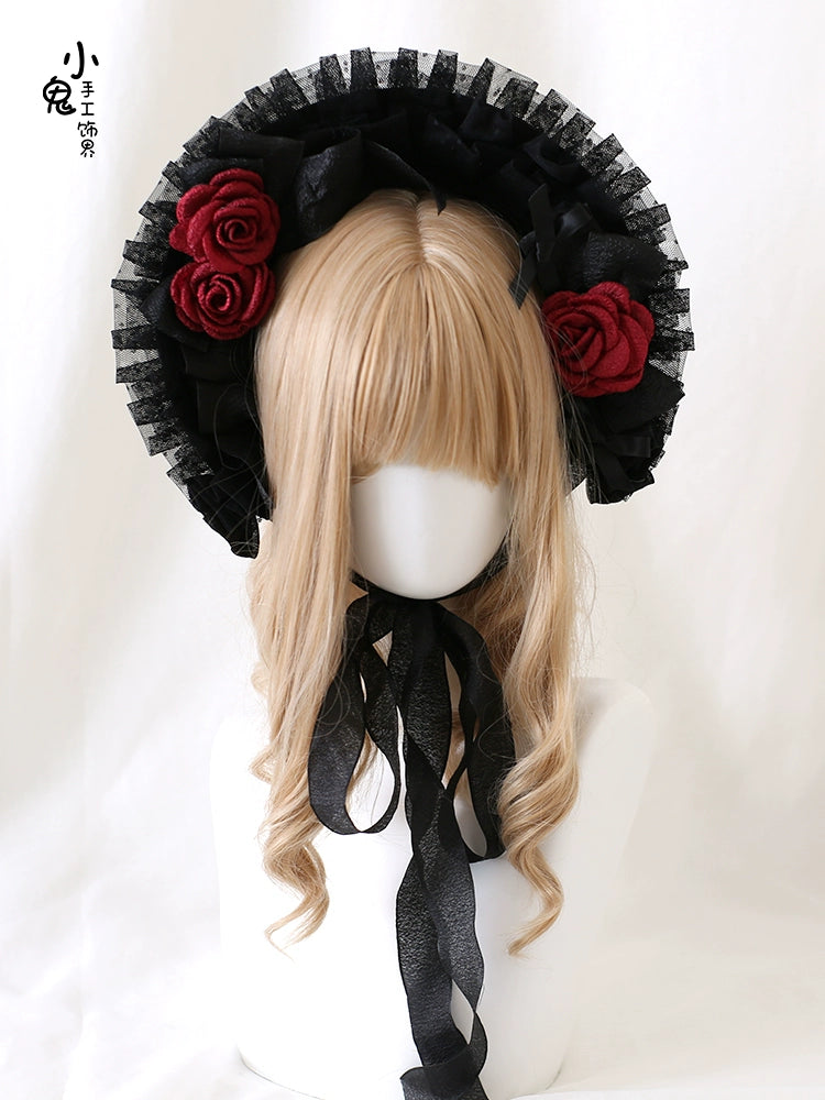 Xiaogui - Gothic Lolita Black Lace Flowers Bonnet