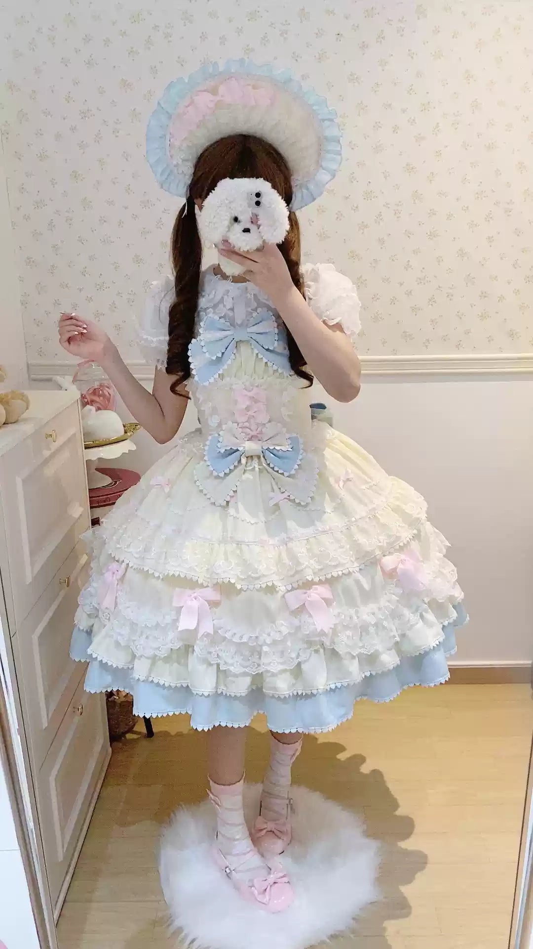 Sugar Girl - Fondant Cake - Summer Sweet Lolita JSK Dress, Tiered Ruffles and Bows Yellow-Blue JSK + Yellow-Blue BNT S
