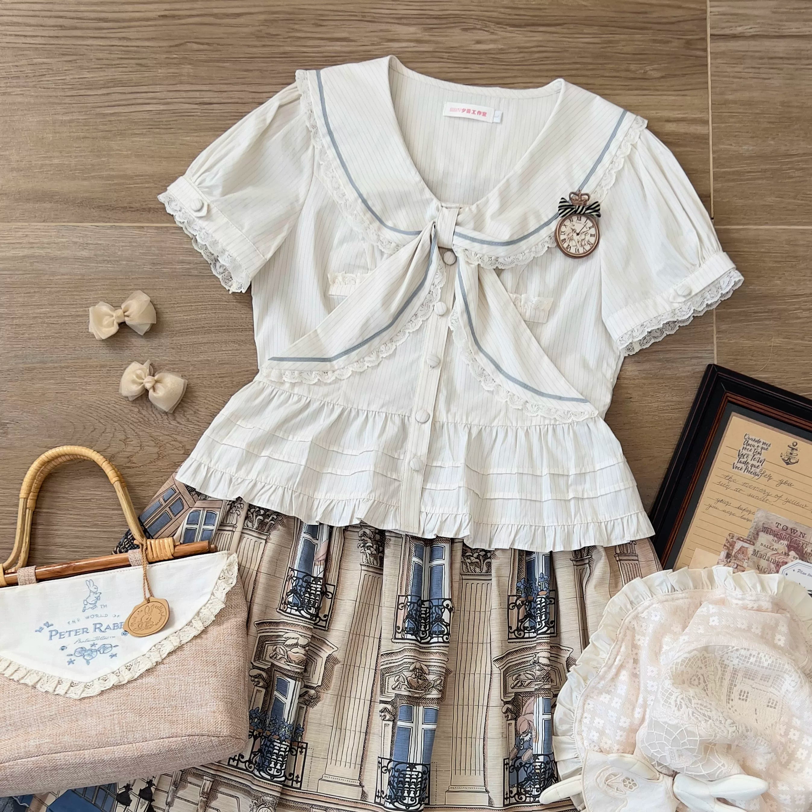 Cotton Kawaii Lolita Blouse, Lace Sailor Collar 45787:862416