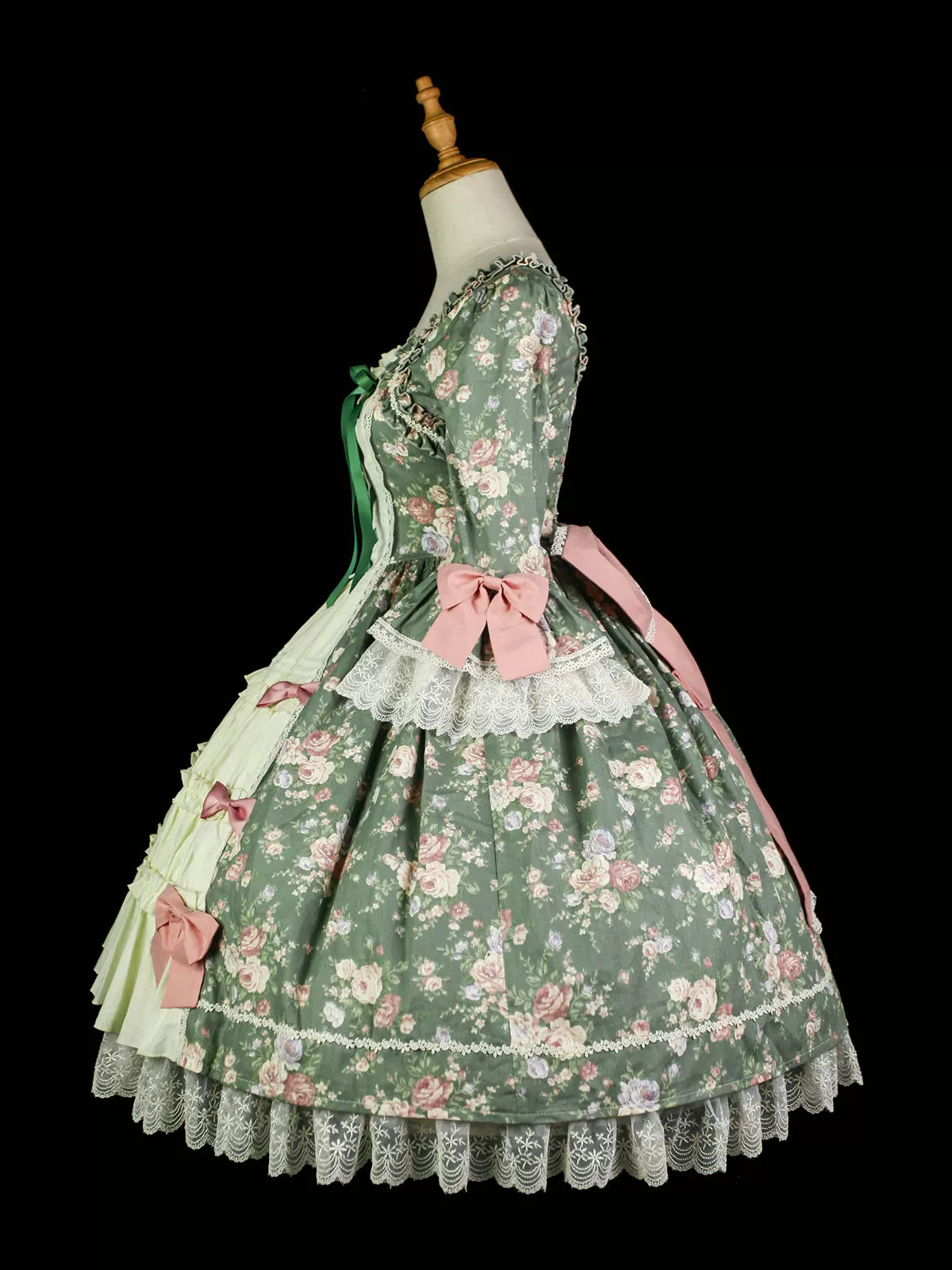 Classic Lolita Rococo Floral Print OP Dress, Lace Hime Sleeve 45668:857619