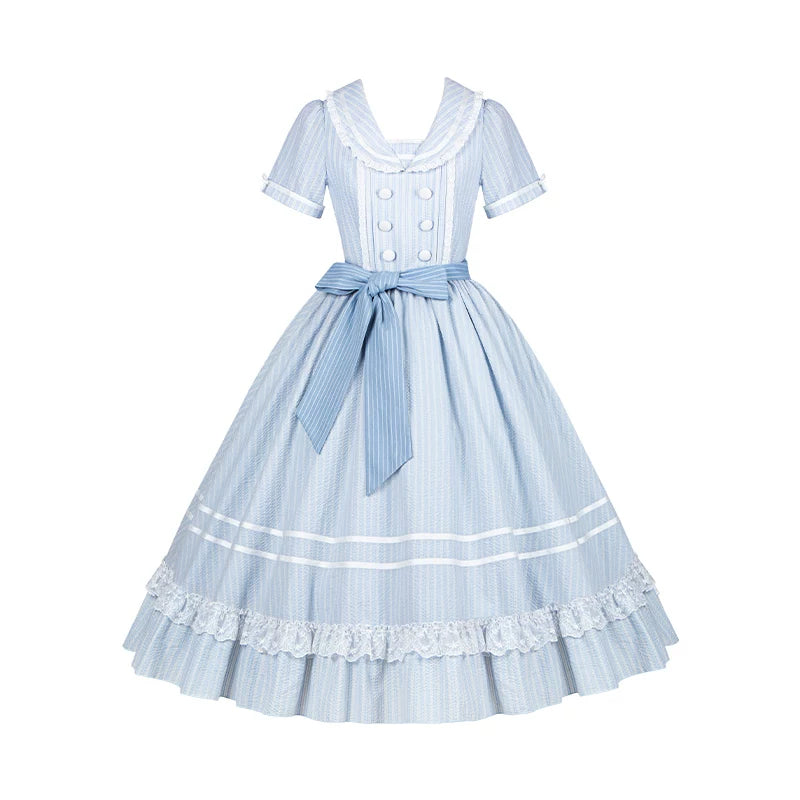 Seven-Day Bell - Blue Classic Lolita Striped OP Dress, Sailor Collar (L M S) 45166:837867