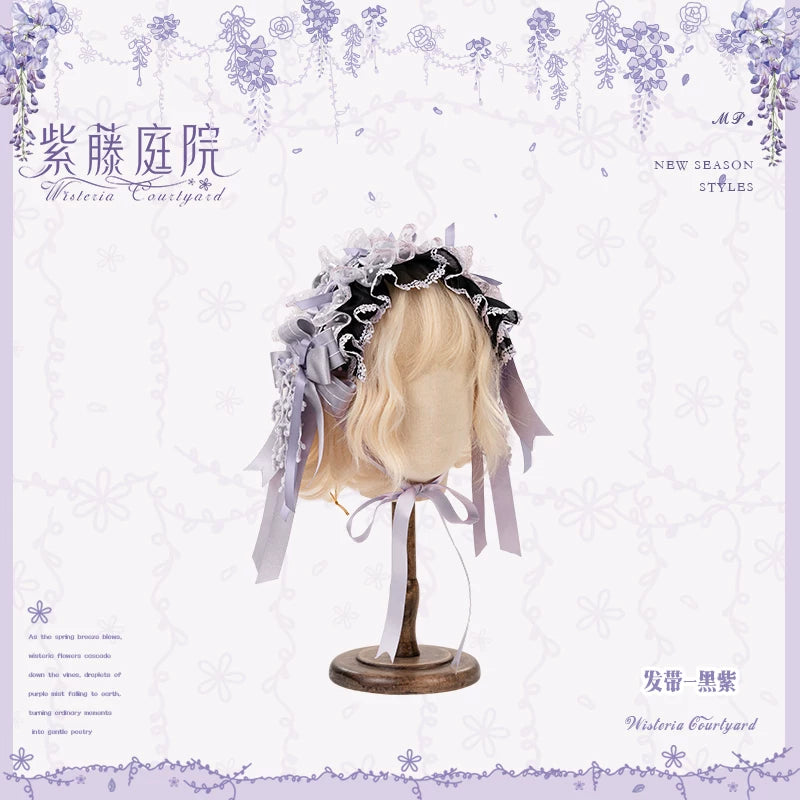 Wisteria Courtyard - Dreamy Purple Brooch and Headdress, Wisteria Accent Black and Purple - Hairband Only One Size