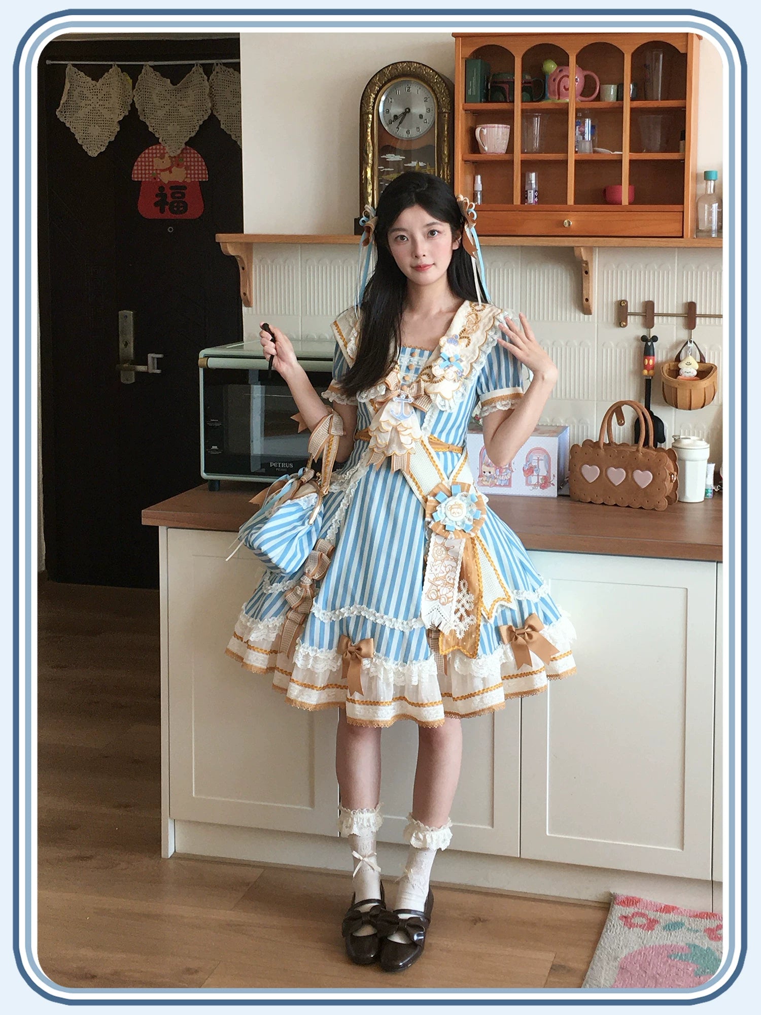Antique Naval Bear - Striped Classic Lolita Sailor Collar OP, Bear Embroidery 45518:853935
