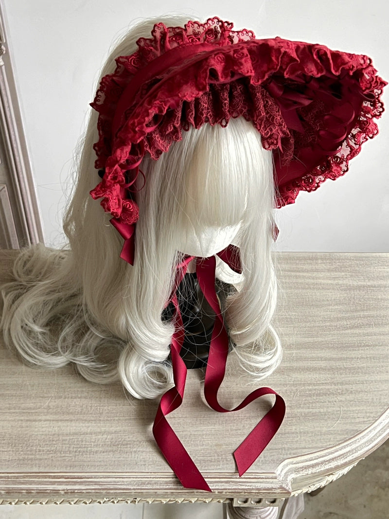 MAID - Gothic Lolita Lace Bonnet Wide Brim Bow BNT Headwear