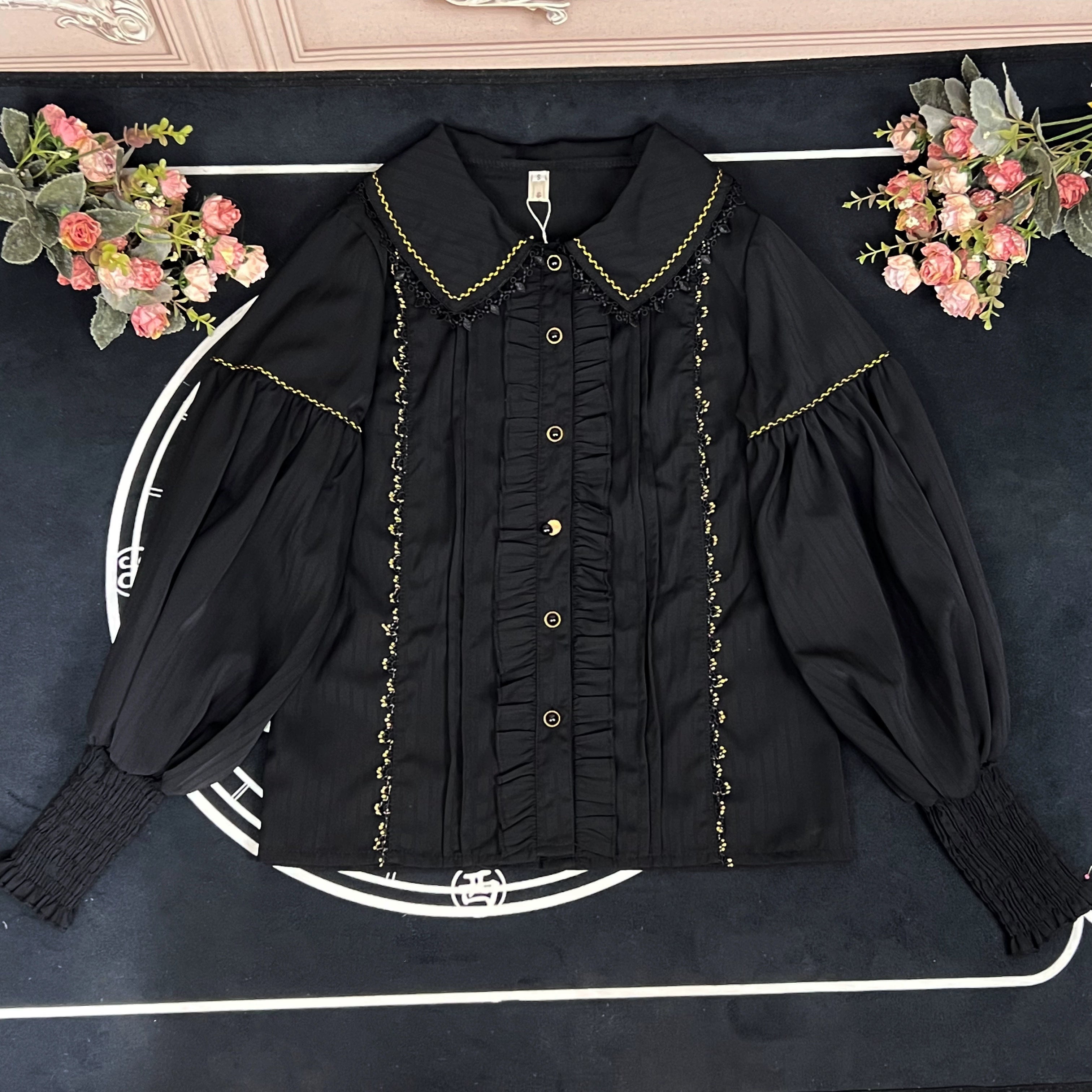 DMFS Lolita - The Heart of the Rose - Elegant Retro Lolita Skirt High Waist SK Blouse S Black shirt-Peter pan collar