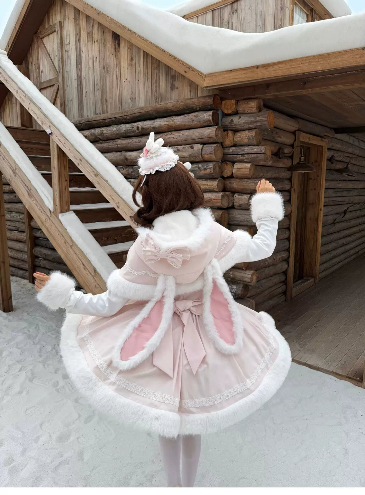 Sweet Dream Bunny - Sweet Lolita Cape & JSK Dress Set, Faux Fur Bunny Ear