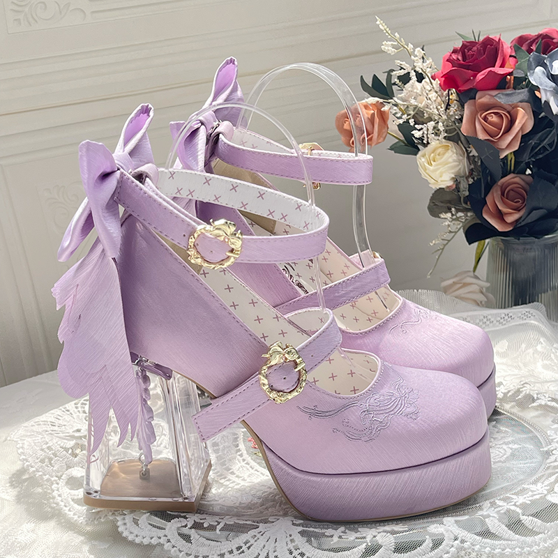Dreamland - Floating Koi Land - Satin Classic Lolita Platform Shoes, Transparent Heel (34 35 36 37 38 39 40 41) 44317:804056