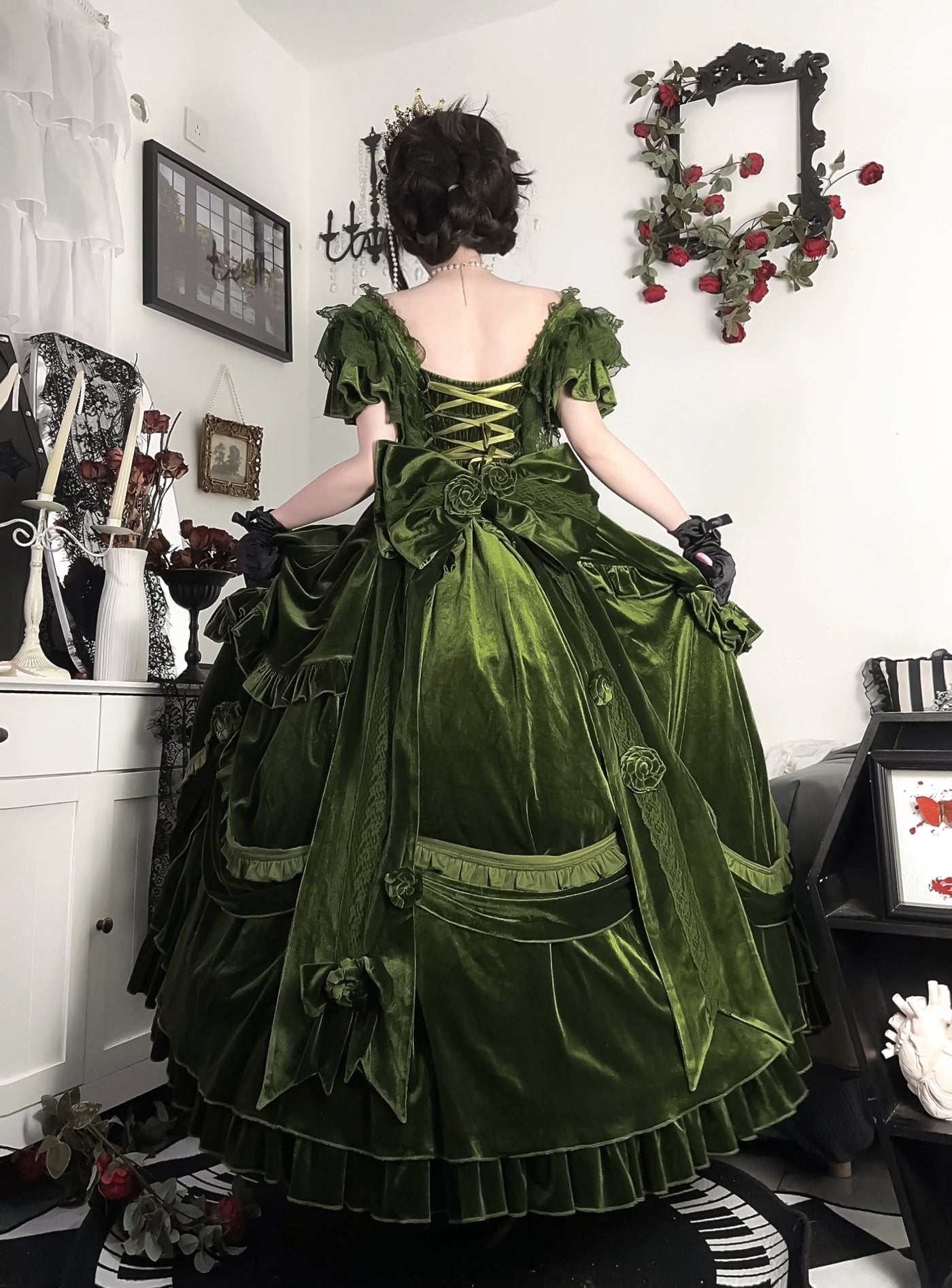 (BFM)Meowguo Sensen~Tana Manor~Elagant Lolita Dress and Accessories Multicolors velvet green trailing 