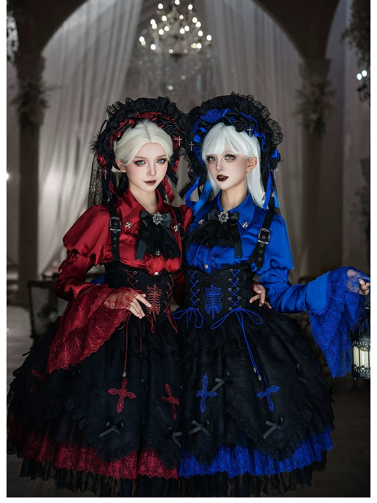 Dark Fog Feast - Gothic Lolita Bust-support Strap Dress, Lace & Cross