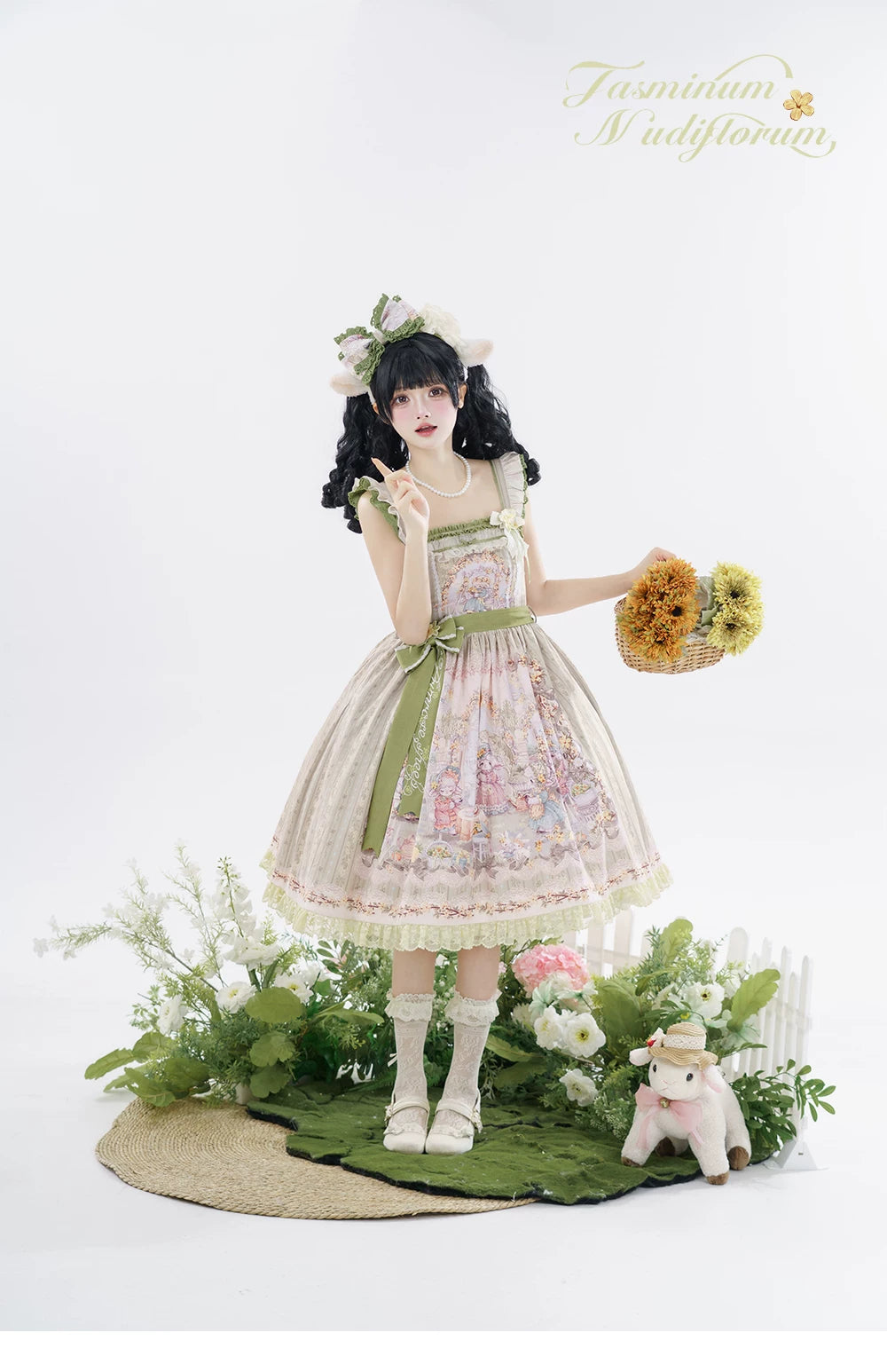 Greets Spring Lamb - Classic Lolita JSK Dress, Winter Jasmine & Lamb Print