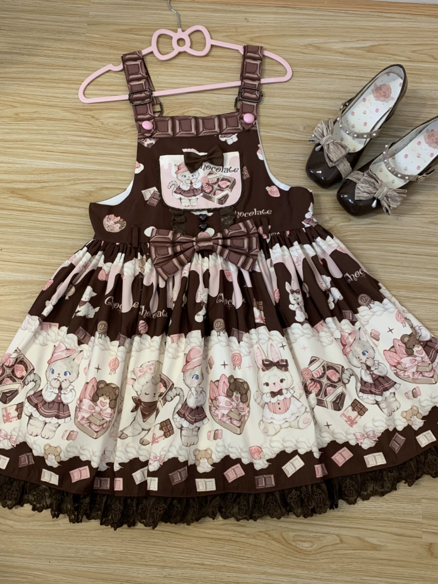 TwilightCrush - Heartbeat Miao Qiao - Kawaii Lolita Salopette Summer Cat Print Dress S coffee salopette