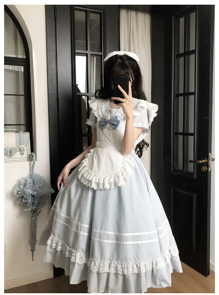Seven-Day Bell - Blue Classic Lolita Striped OP Dress, Sailor Collar