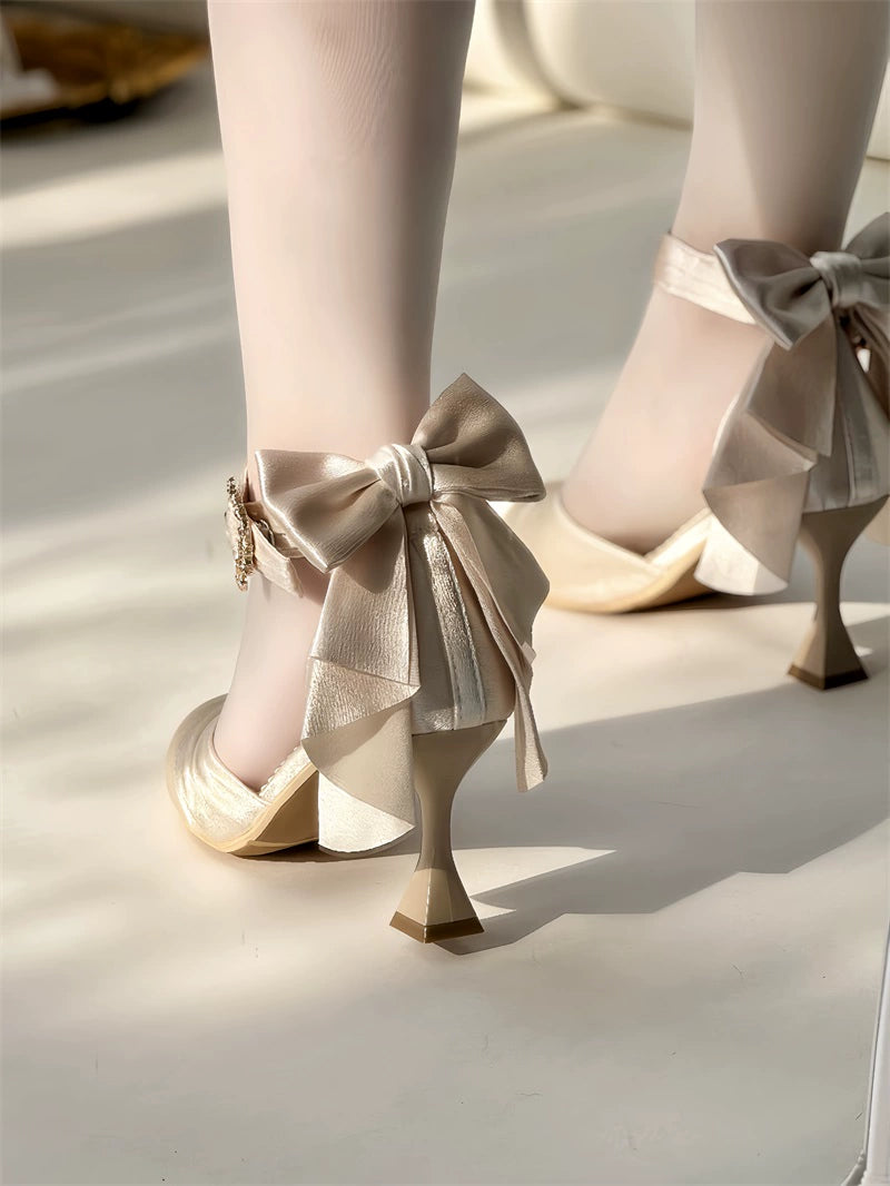 MR.Qiutian~Coronation~Elegant Lolita Shoes Satin Heels With Rose Buckle & Bow Clip 43252:772796