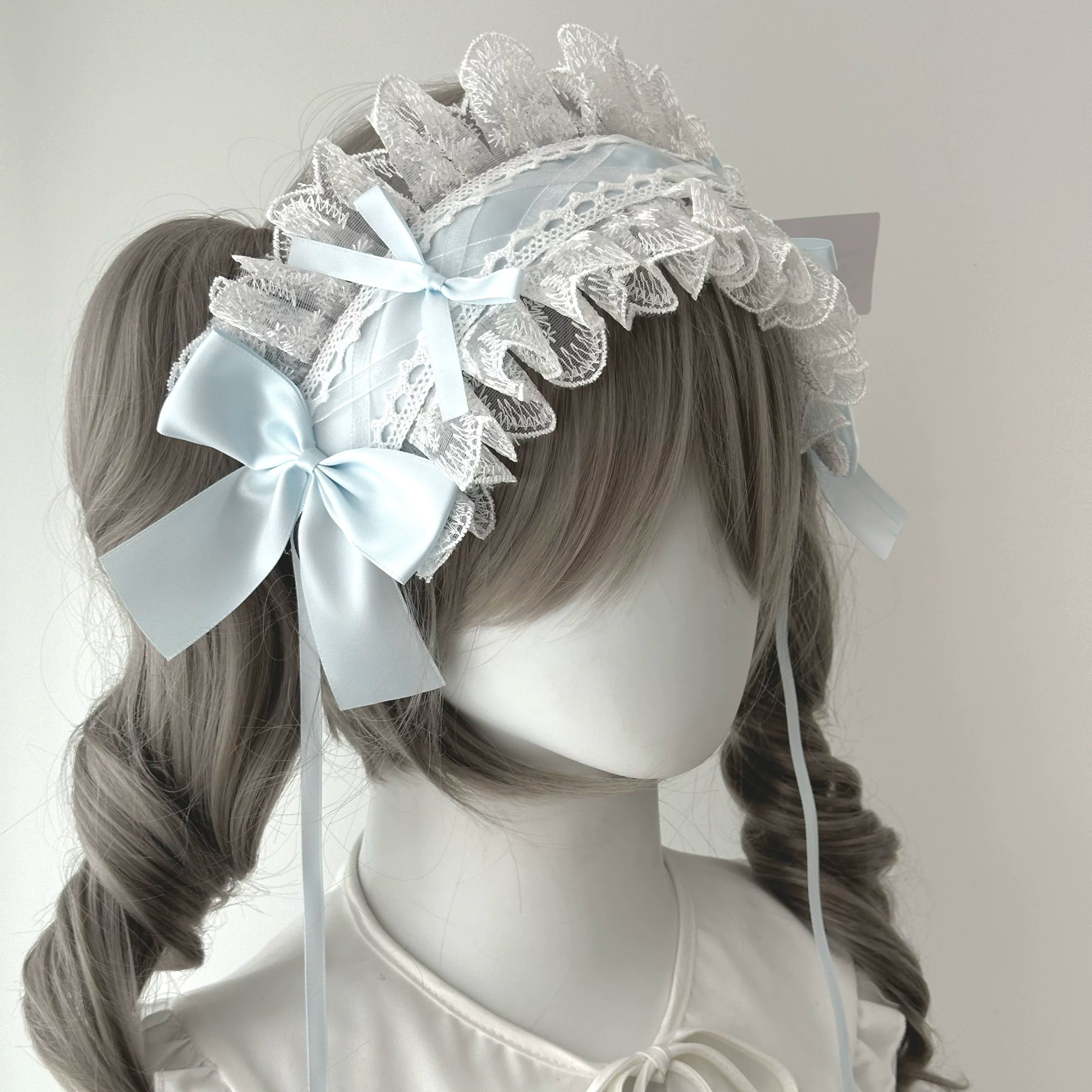 Sweet Lolita Lace Headbands, Ribbon & Bow White lace with cream blue bow headband