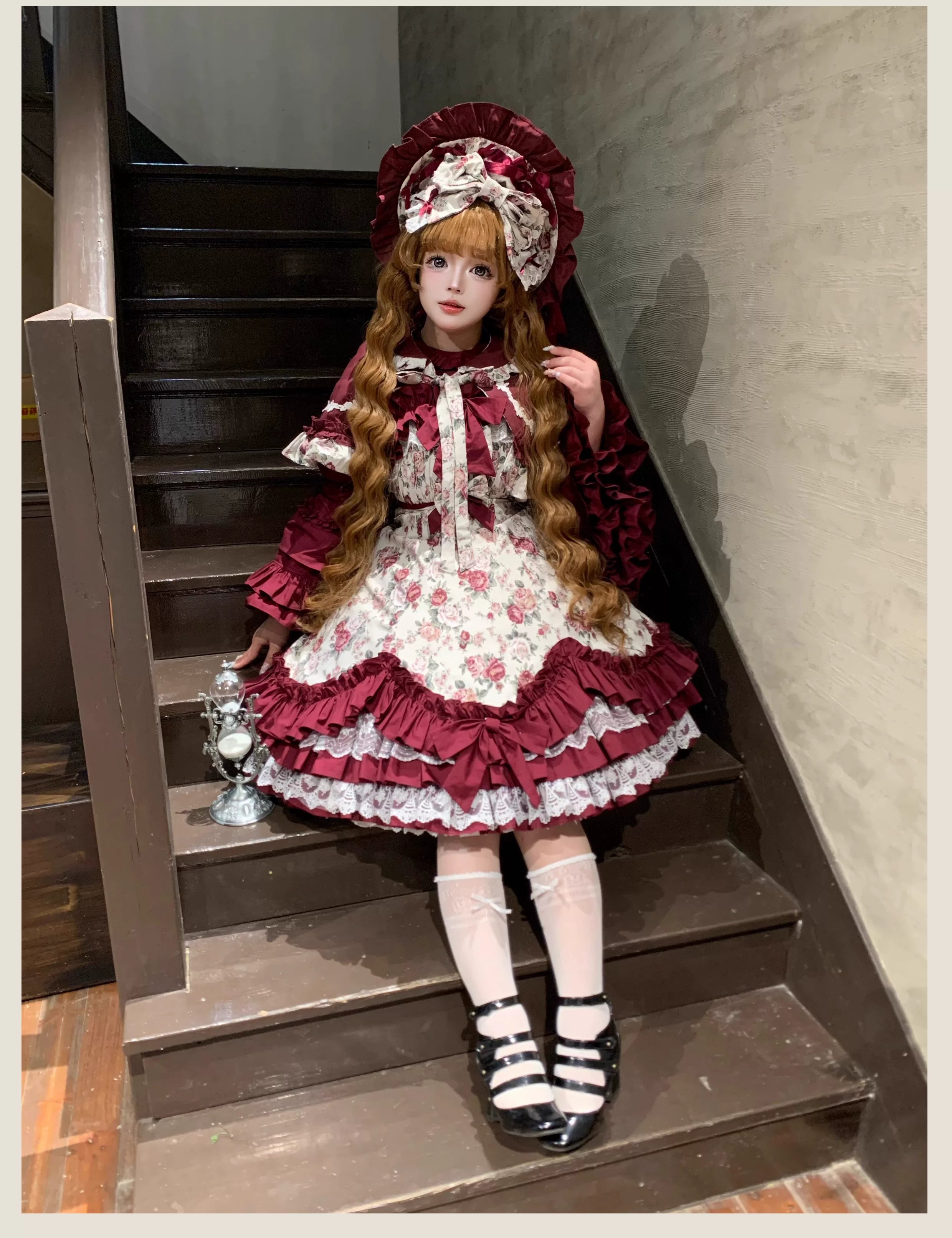 Burgundy Rose - Floral Printed Old School Lolita JSK, Elegant Cape