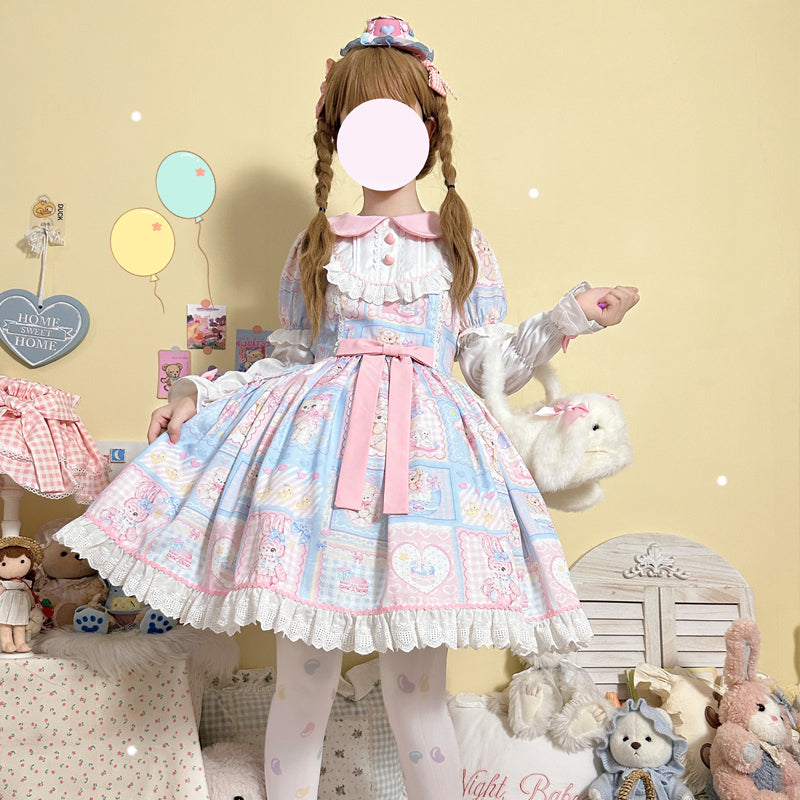 Hanguliang - Sweet Bunny Bear - Sweet Lolita Dress Long Sleeve Winter Lolita OP M Blue OP