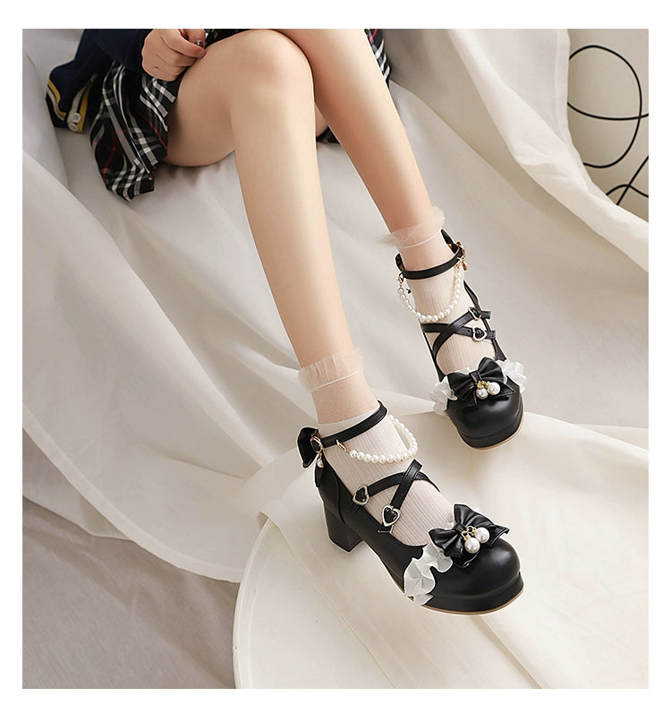Yana - Round Toe Sweet Lolita Shoes, Detachable Pearl Chain