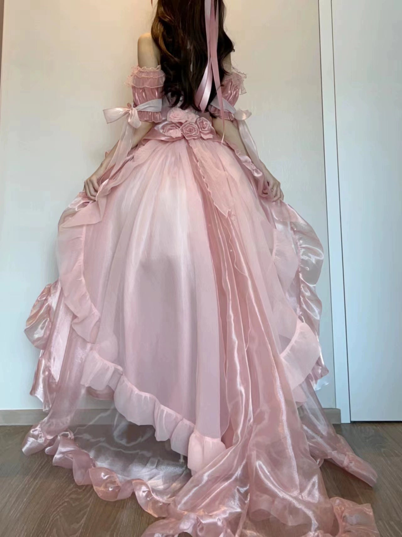 Meowing and fruity - Elegant Lolita Gorgeous Trailing With Large Hem & Shoulder Strap Coral Pink - Gorgeous Trailing One Size