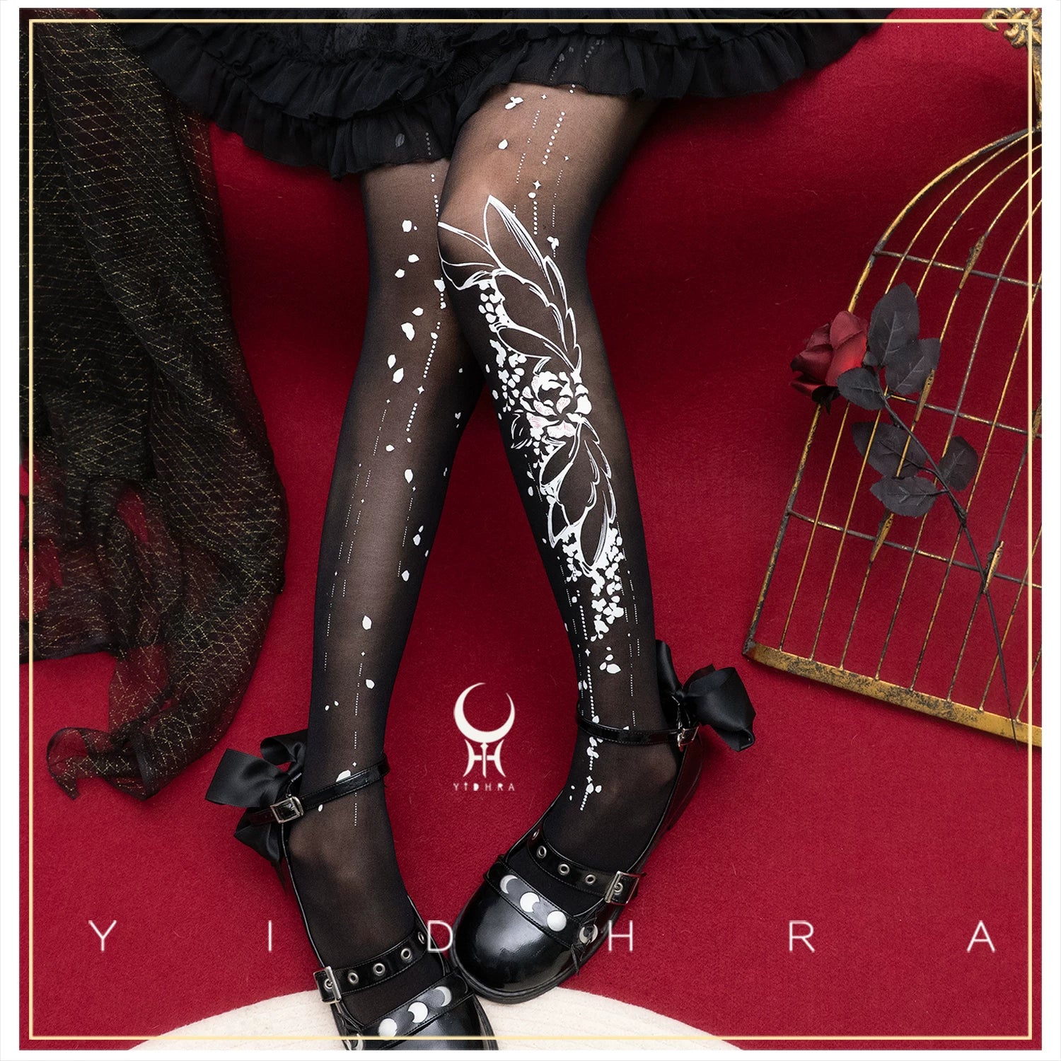 Thousand Crane Herb - Asymmetric Floral Print Lolita Pantyhose 20D - Black Tights with White Print