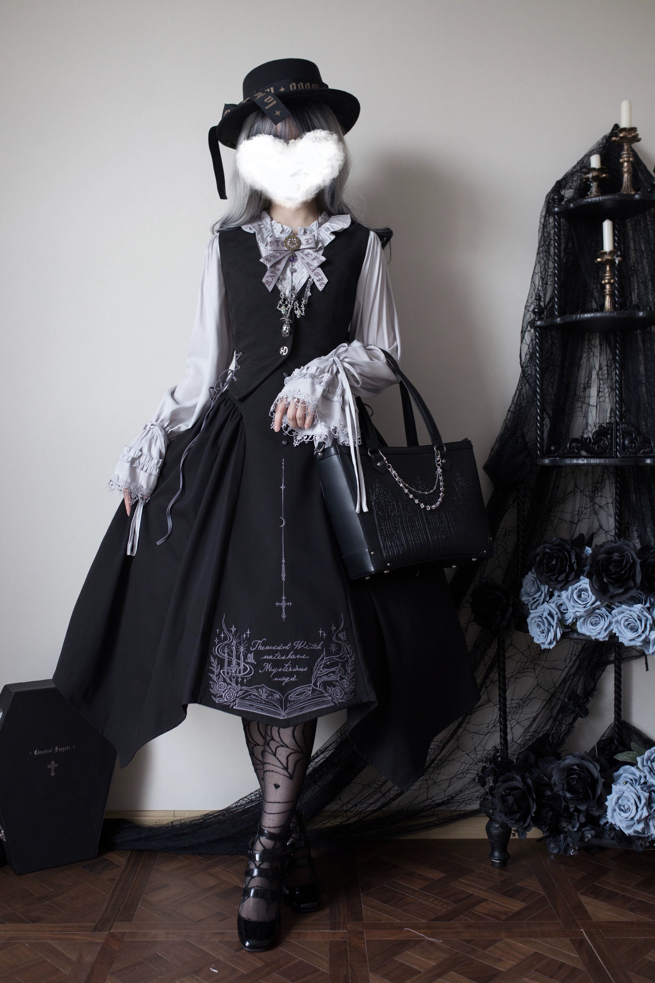 Chris House Lolita - Witch Notes - Gothic Loliat Embroidered Dress Suit, Cross and Rose Print 44096:794997