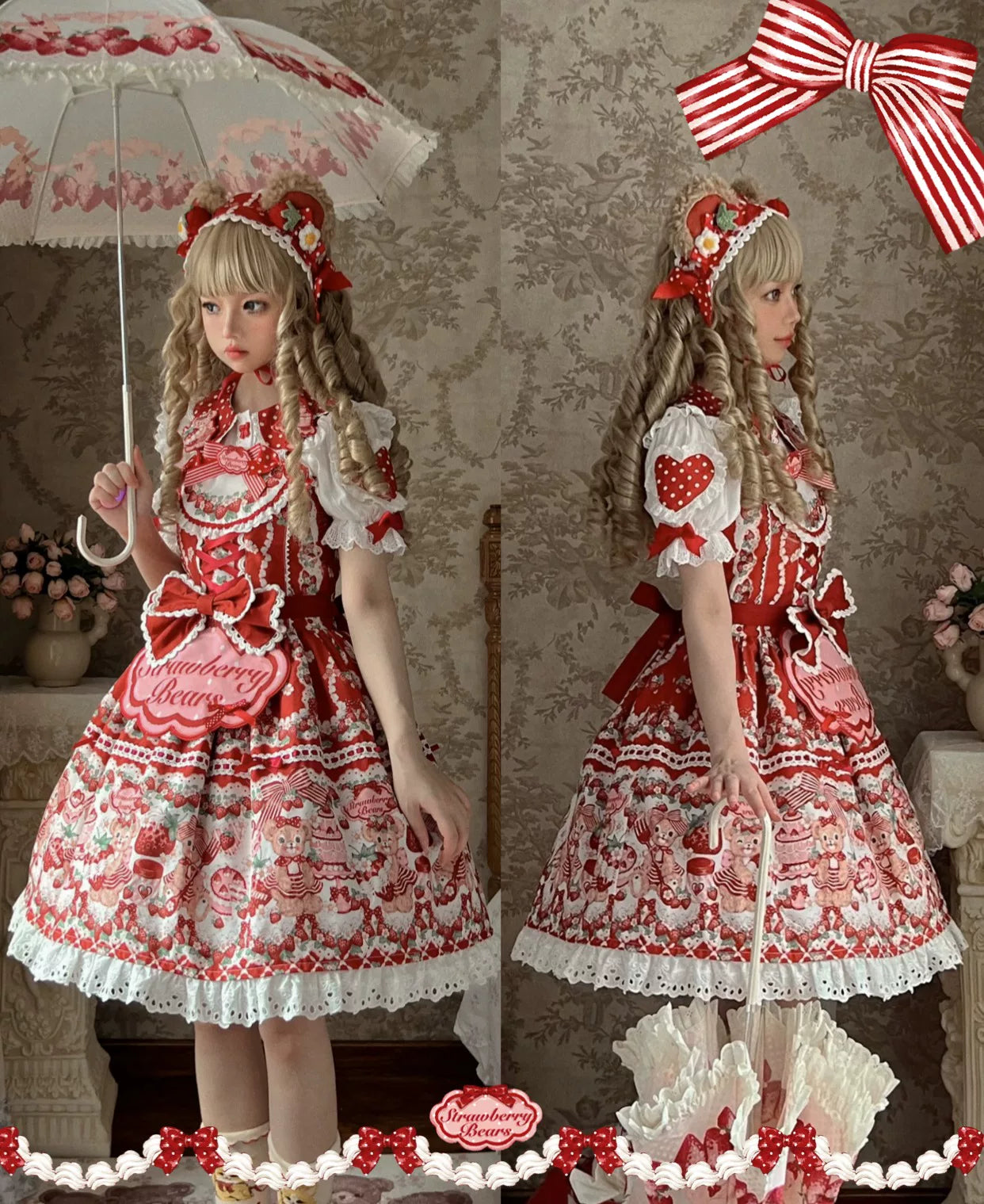 Strawberry and Bear - Printed Sweet Lolita JSK Dress, Heart Shaped Collar Shirt