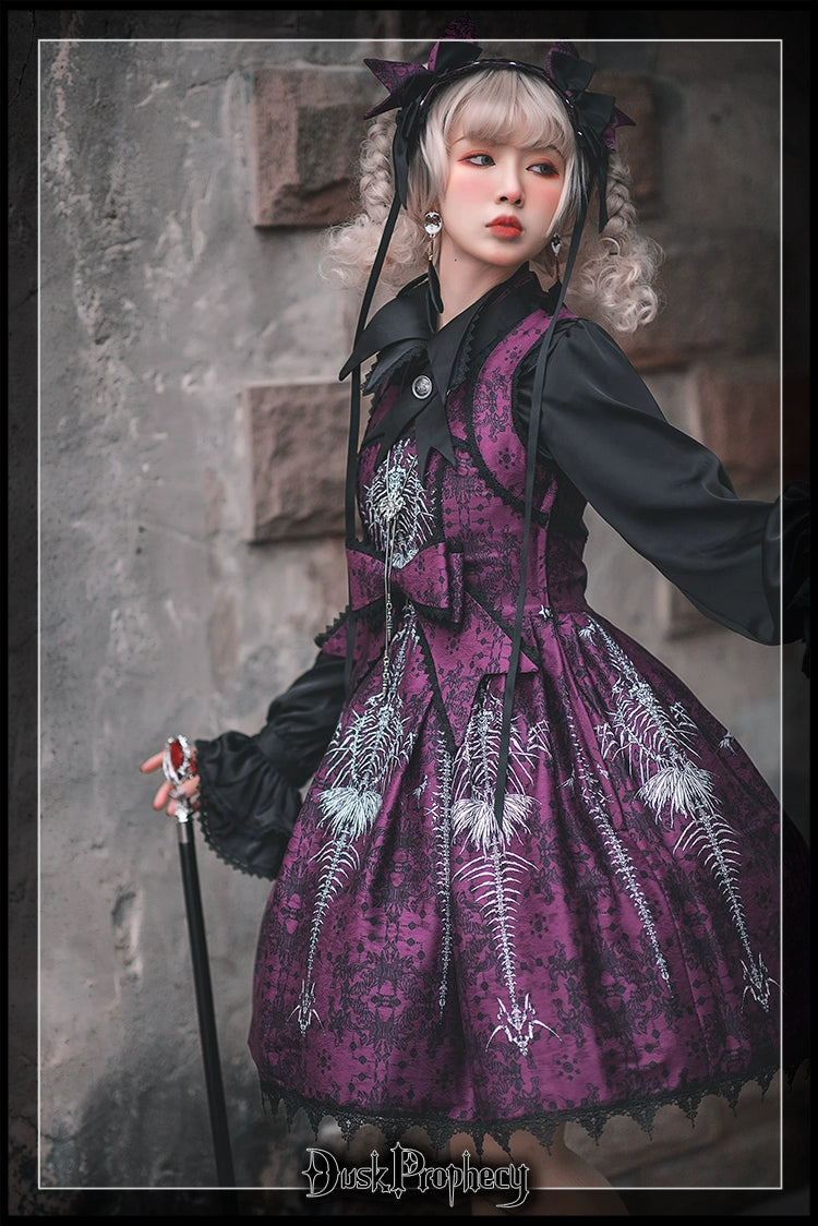 DuskProphecy - Coccyx - Elegant Lolita Dress High Waist Fishbone Print JSK Set 34722:466616