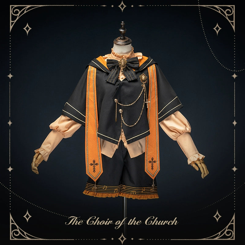 Forest Fluorescent Carps - The Choir of The Church 2.0 - Ouji Lolita Shorts Set in Two Styles Brother Version (Shorts+Shirt+Cape+Brooch Chain Set+2 Detachable Ribbons+Bowtie) S