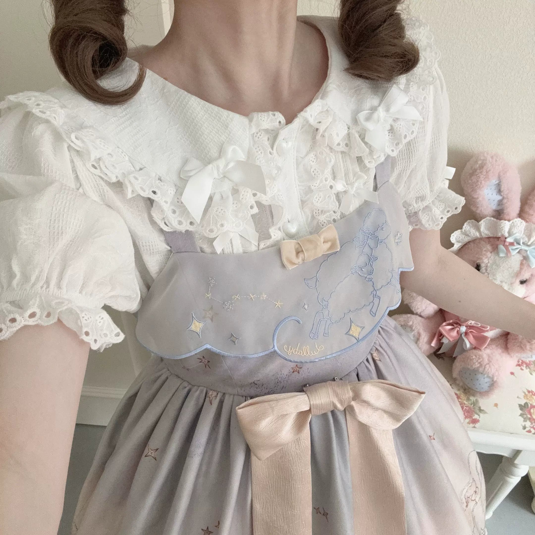 Kawaii Lolita Blouse, Detachable Hime Sleeves White - Short Sleeve Blouse Only S