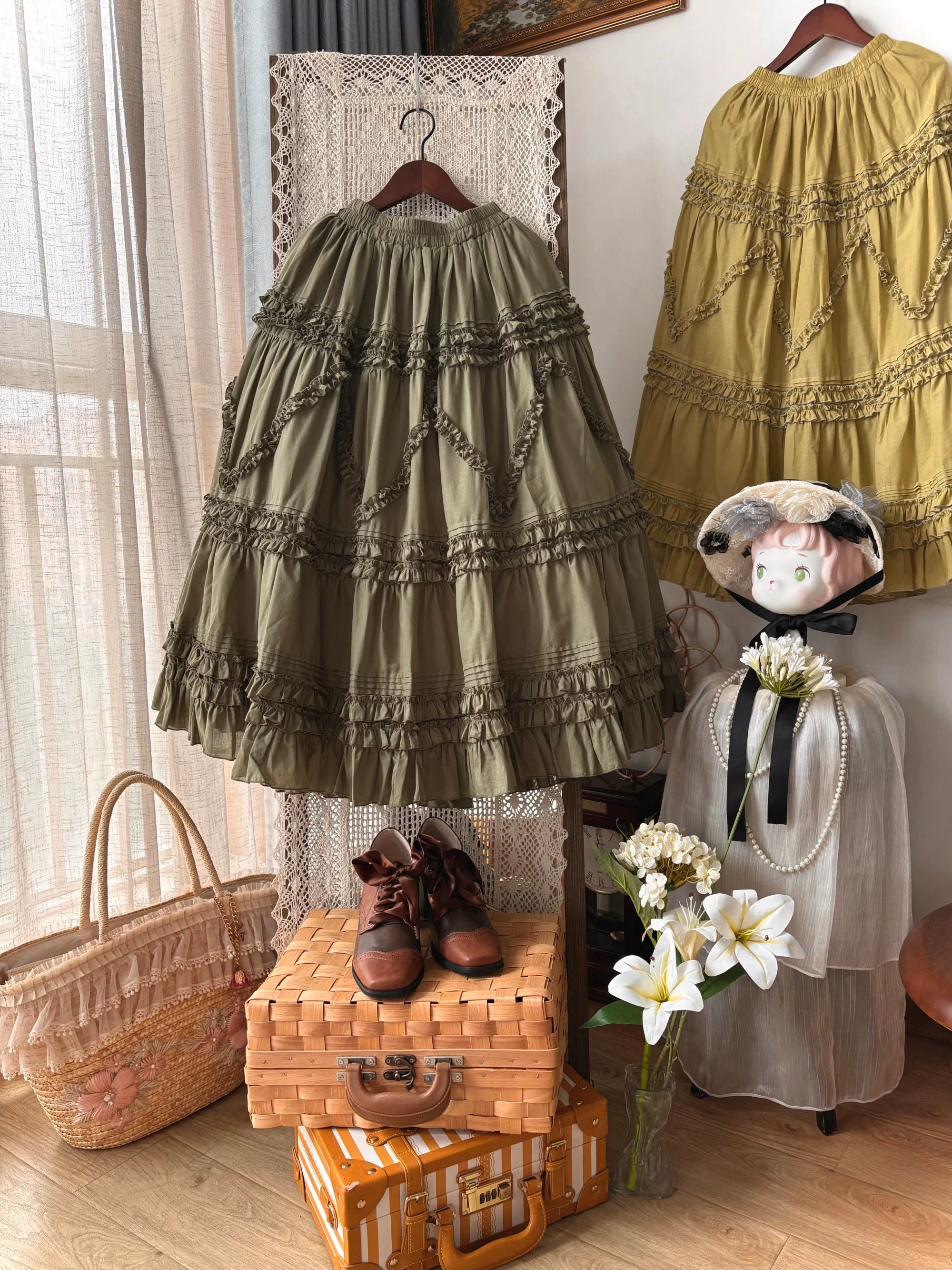 Country Lolita Underskirt, Cotton & Tiered Ruffles Military Green S