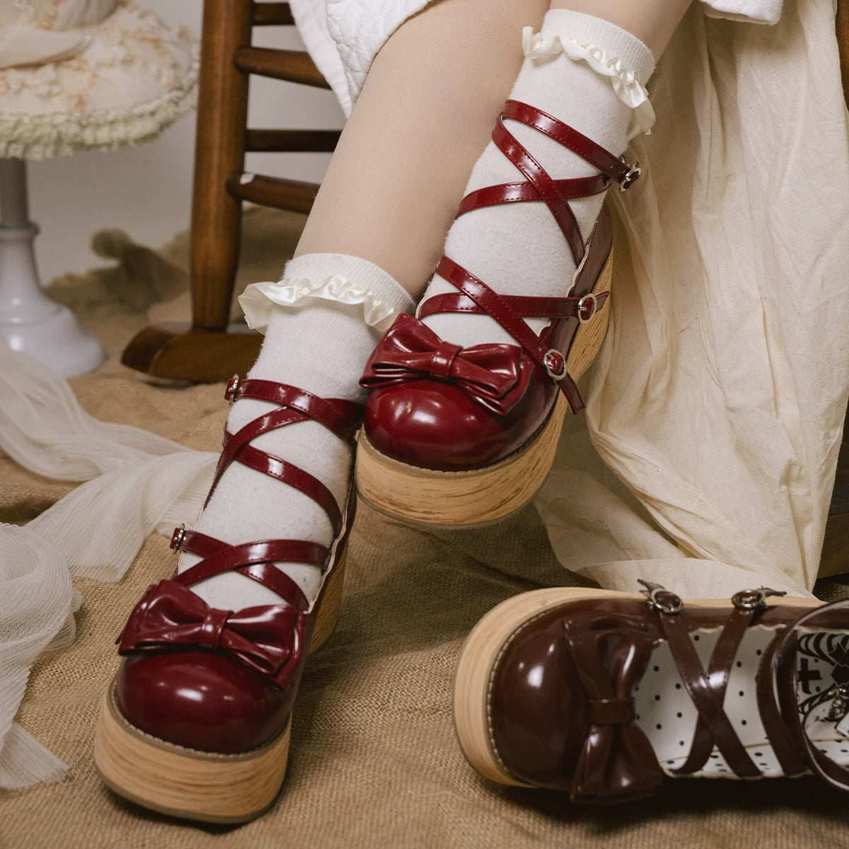 Puff Tata - Sweet Lolita Platform Shoes, Wood Grain Sole