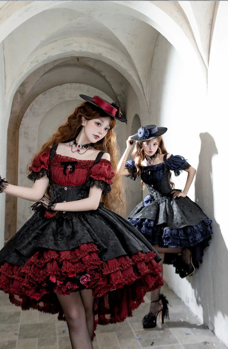 Rose Banquet - Gothic Lolita Boned Bust-supporting JSK Dress, High-low Hem 45815:863587