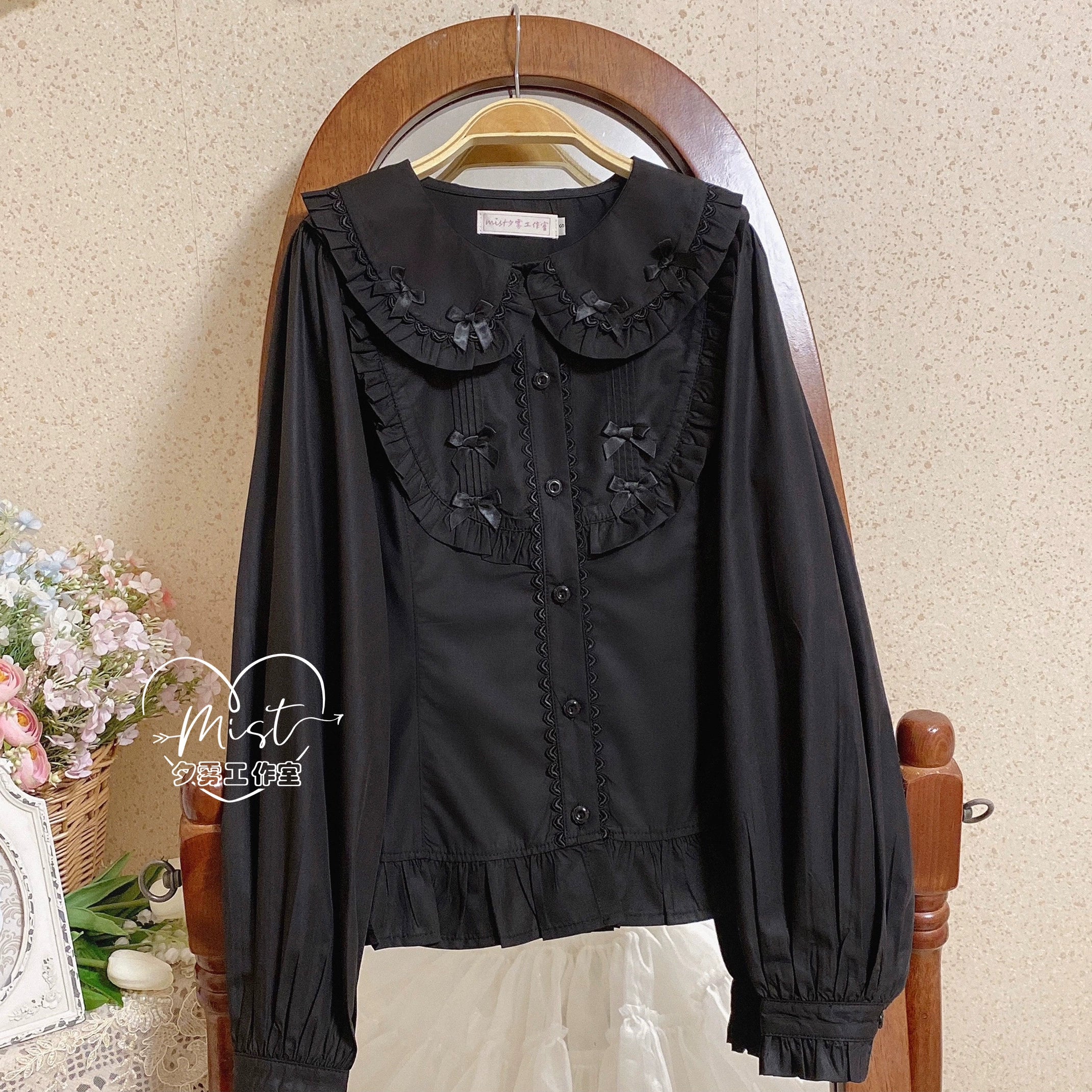 MIST~Sweet Lolita Blouse Doll Collar Lolita Shirt With Bubble Sleeve (L M S XL / Black) 28540:628360