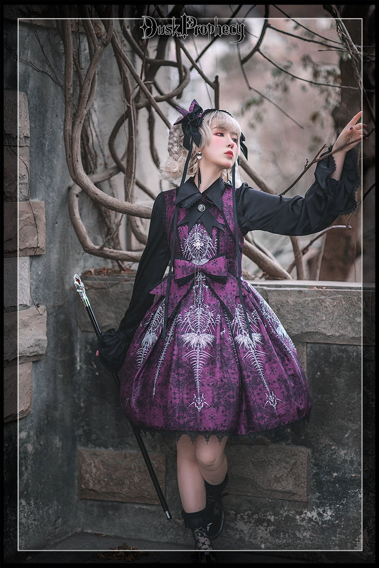 DuskProphecy - Coccyx - Elegant Lolita Dress High Waist Fishbone Print JSK Set 34722:466568
