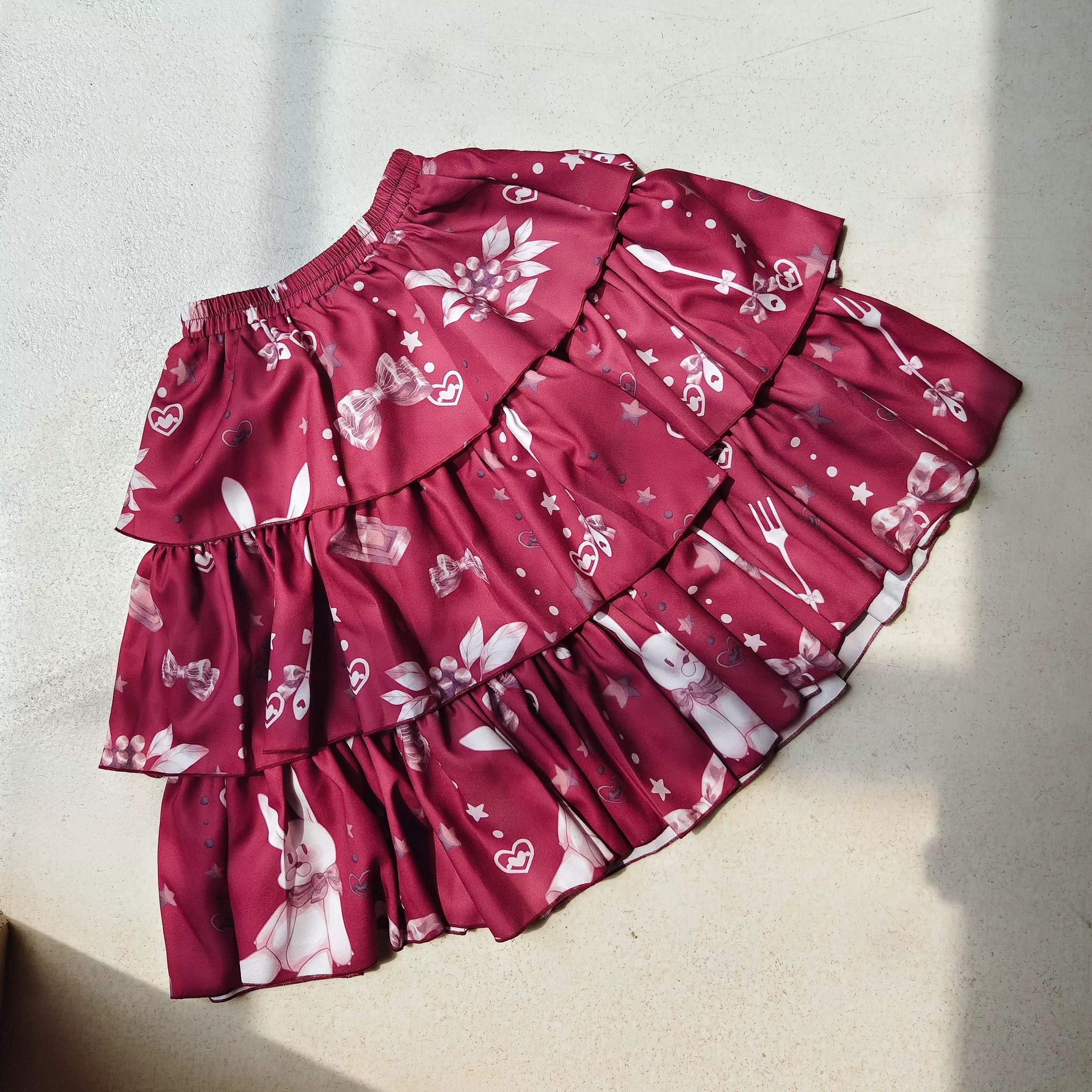 Magic Tea Party - Cotton Lolita SK Multiple Patterns Lolita Skirt Collection M Chocolate Bunny - Three Layers - Red