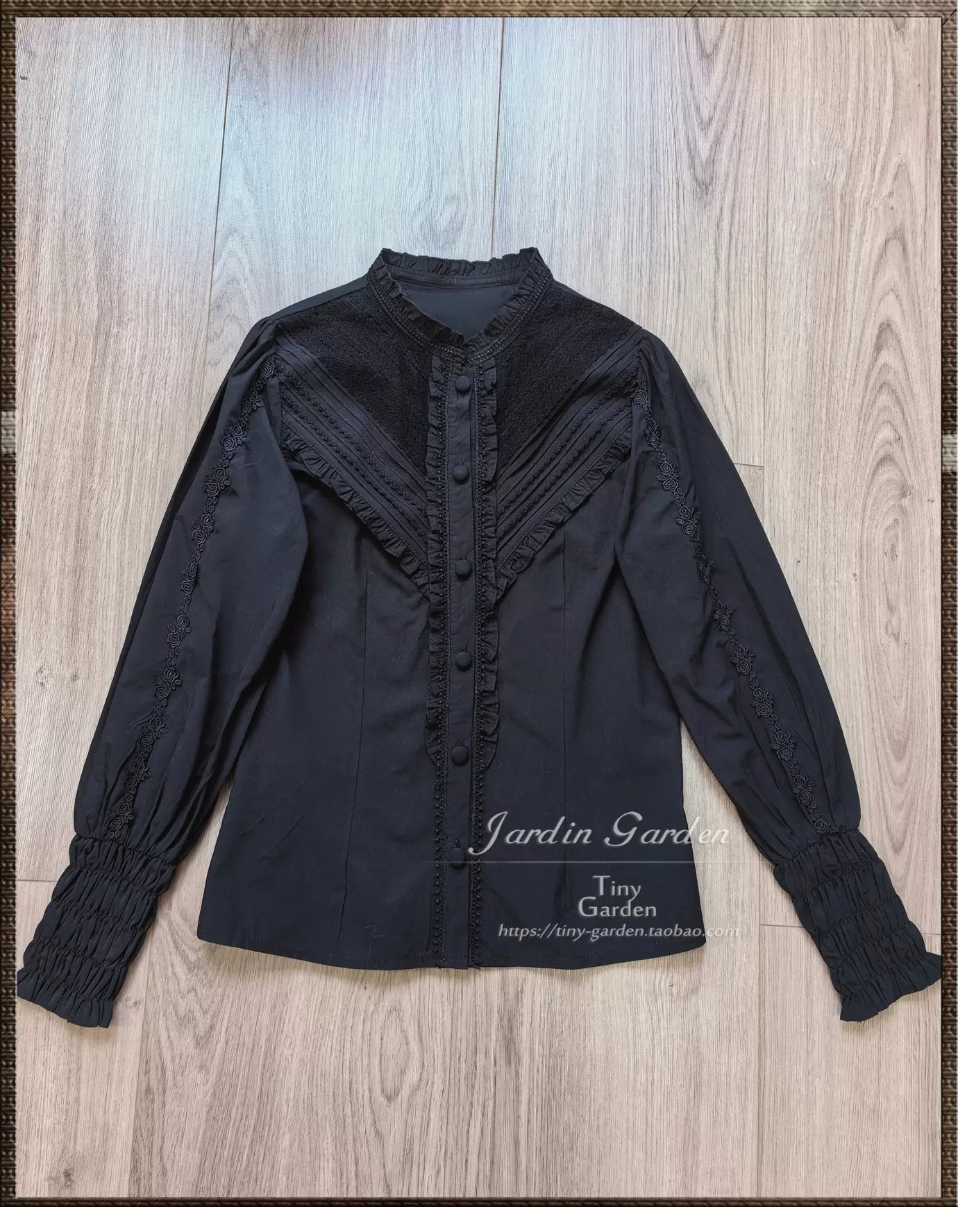Tiny Garden - Black Forest Garden - Classic Lolita Blouse Mutton Leg Sleeves Stand Collar Shirt S Black