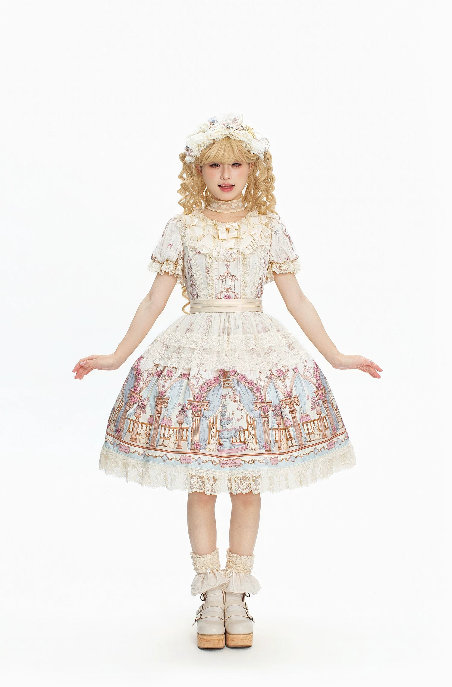 Wandering Rabbit's Palace - Doll-like Classic Lolita Palace Print OP Dress with Lace OP (with a detachable waist tie and bow tie) XS Pre order