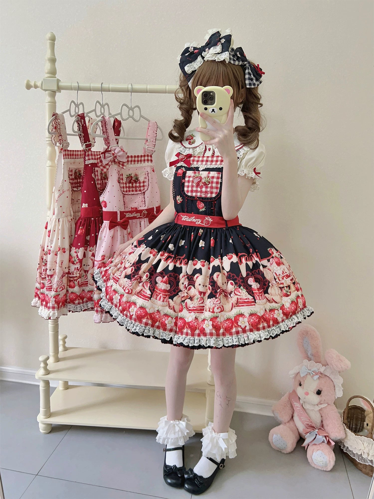 Velvet Strawberry - Sweet Lolita Salopette Dress, Bear & Strawberry Print