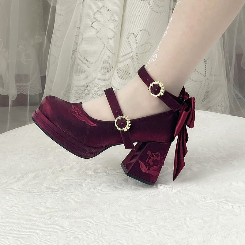 Dreamland - Dreamlike Lily of the Valley - Classic Lolita Platform Shoes with Back Large Bow Wine Red 34