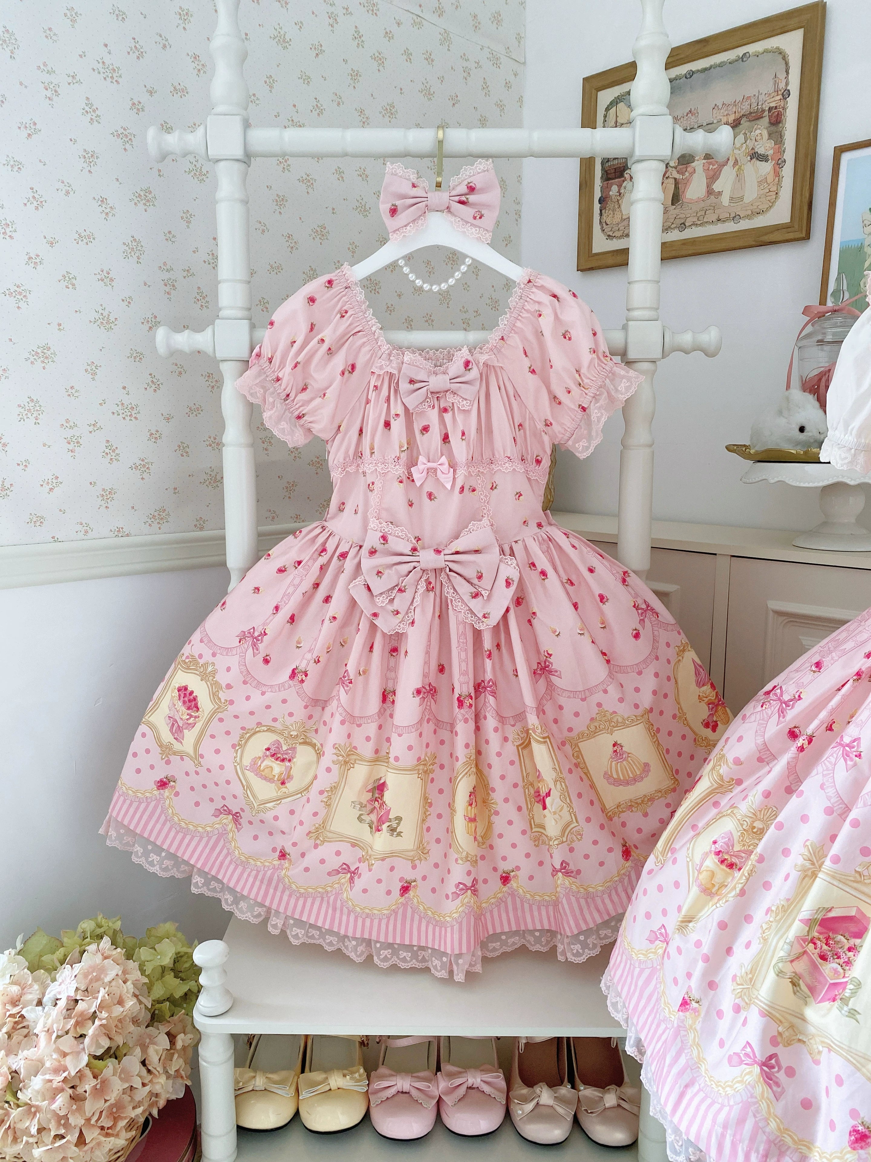 Pink Jade Strawberry - Sweet Lolita Strawberry Print JSK & OP Dress with Lace 45278:845307