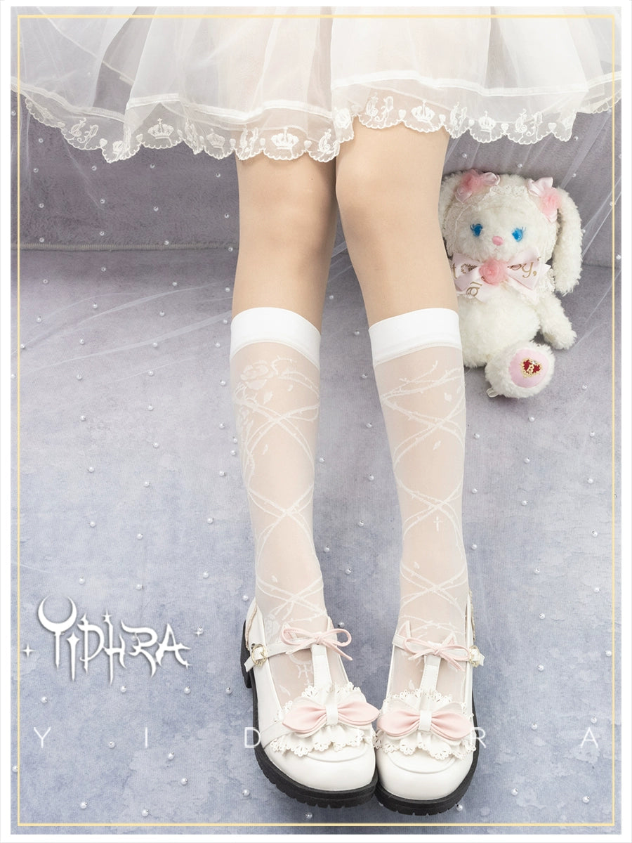 Glass Yarn Gothic Lolita Tights for Tropical Elegance One Size white(Crew socks)