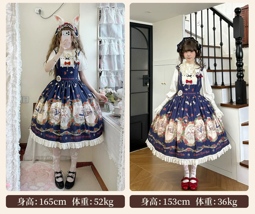 Down the Rabbit Hole - Daily Wear Classic Lolita OP & JSK Dress, Alice in Wonderland Print 46008:871959