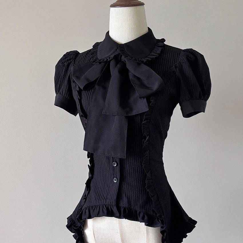 FlowerFairyDaily - Lilith - Gothic Lolita Short Sleeve Shirt, Detachable Tie Black Stripe S