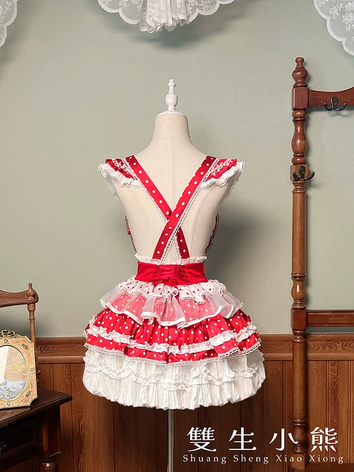 Shuang Sheng Xiao Xiong - Bite The Cake - Sweet Lolita Dress, Red & White Polka Dots